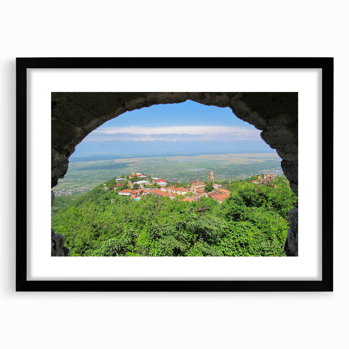 Extra large abstract art print featuring textured, colorful art with vibrant hues, framed in black.