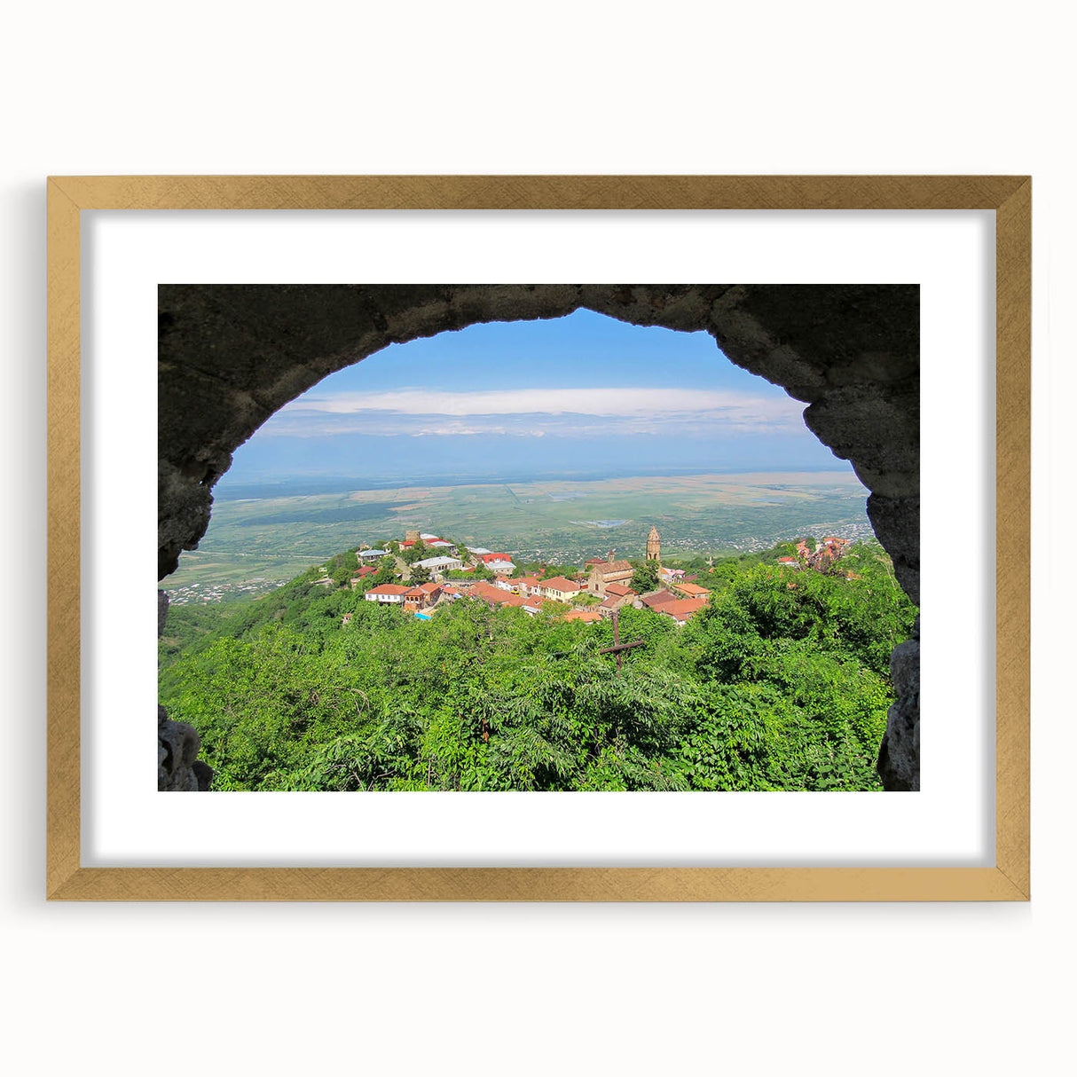 Extra large abstract art print depicting textured scenery in gold frame, suitable for living room decor.