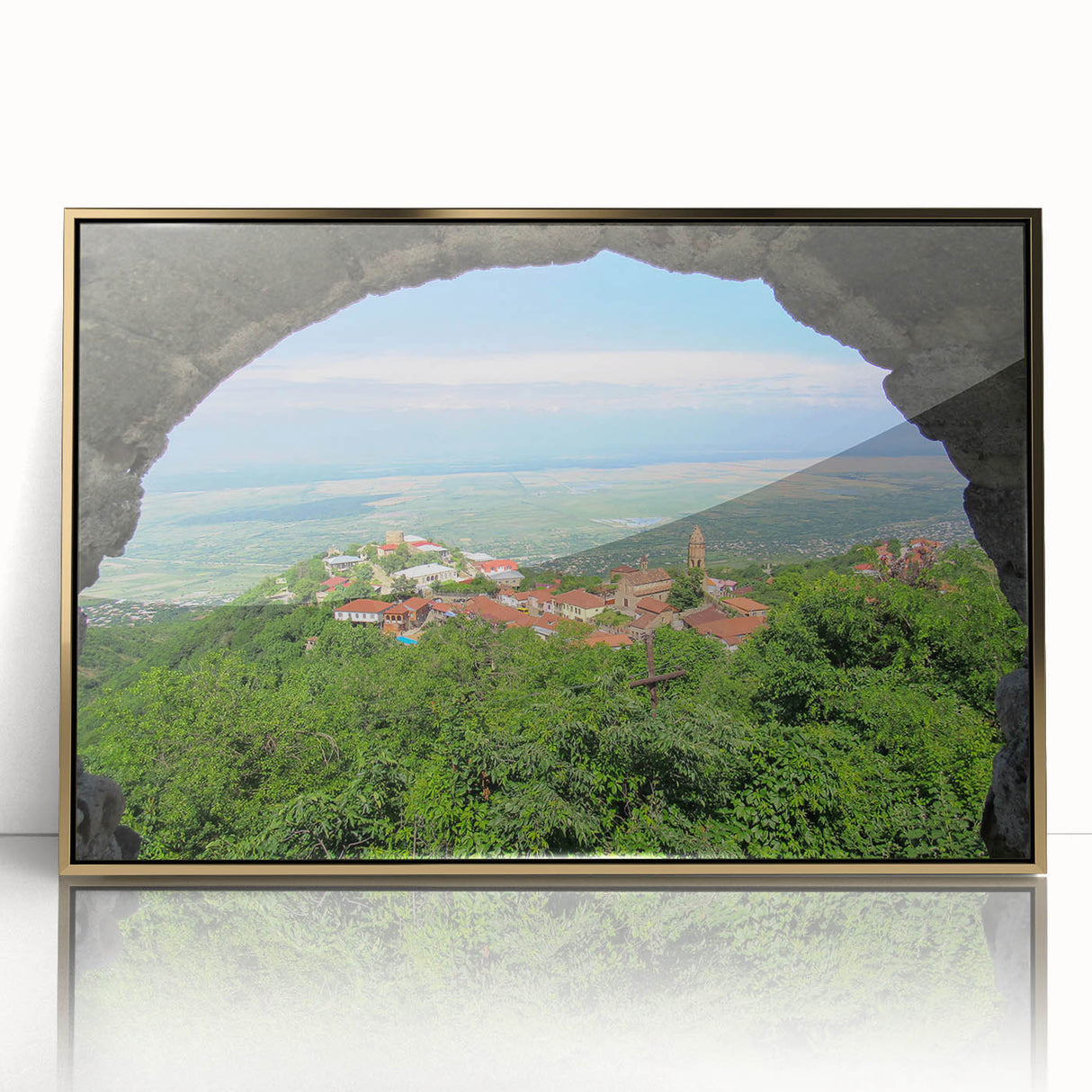 Large art print of a Georgia, Asia scenery in mid-century modernist style, framed in gold acrylic.