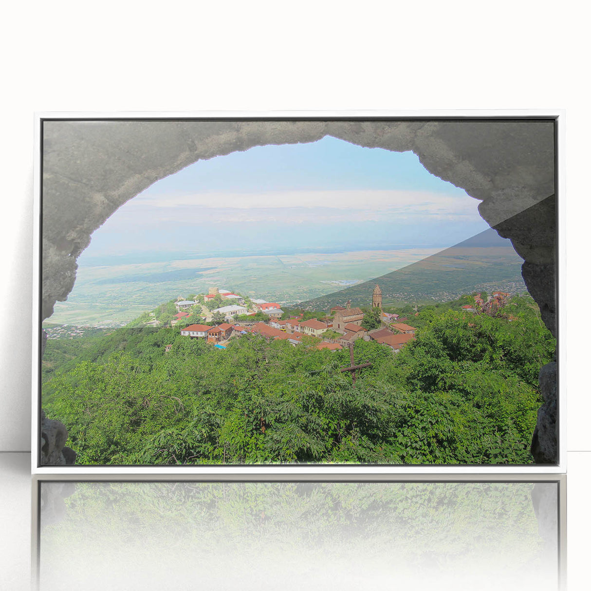 Art deco poster of Georgian scenery in muted pastel colors on a white framed acrylic, ideal for nursery wall art.