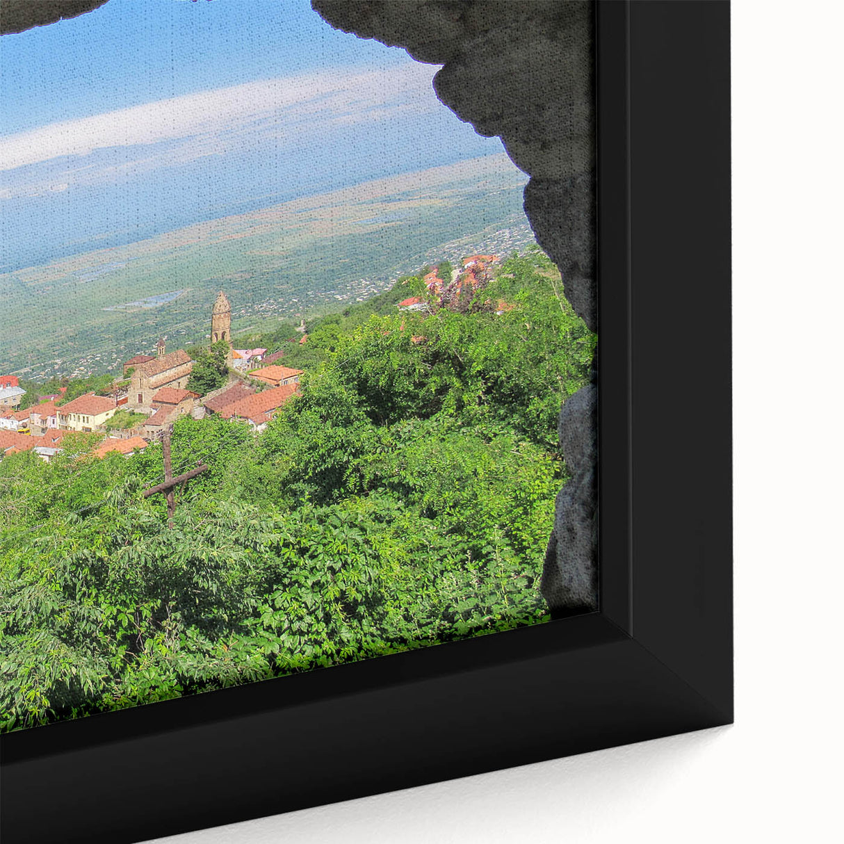 Extra large framed canvas depicting a textured, colorful Asian scenery in black, ideal for living room decor.
