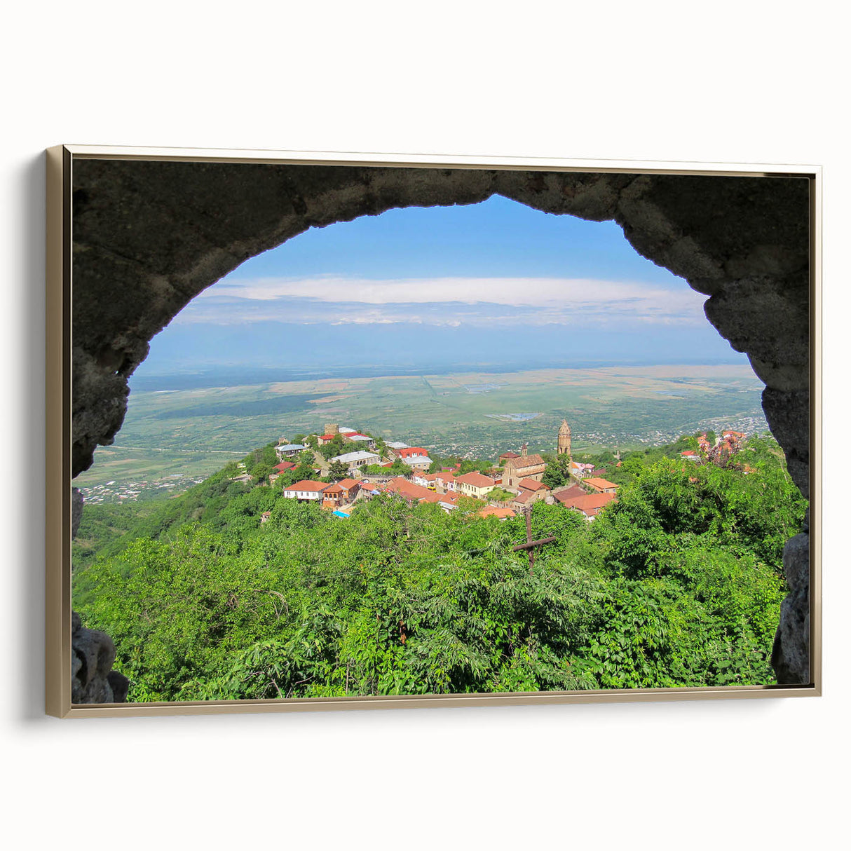 Framed canvas wall art depicting a vintage-style landscape with muted gold and black tones, suitable for bedroom decor.