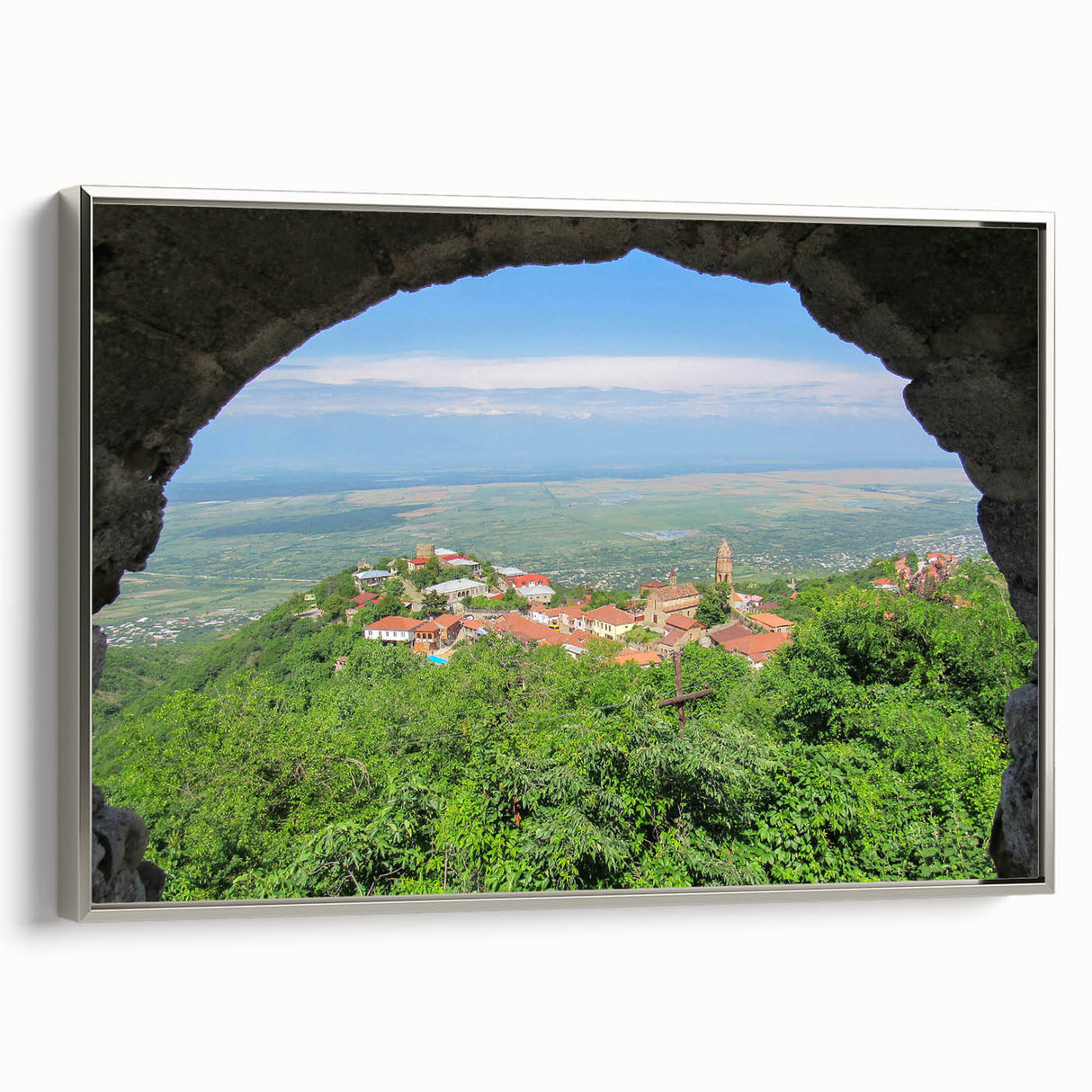 Landscape art painting of a Georgian scenery on a framed canvas, featuring muted earth tones and a vintage poster style.