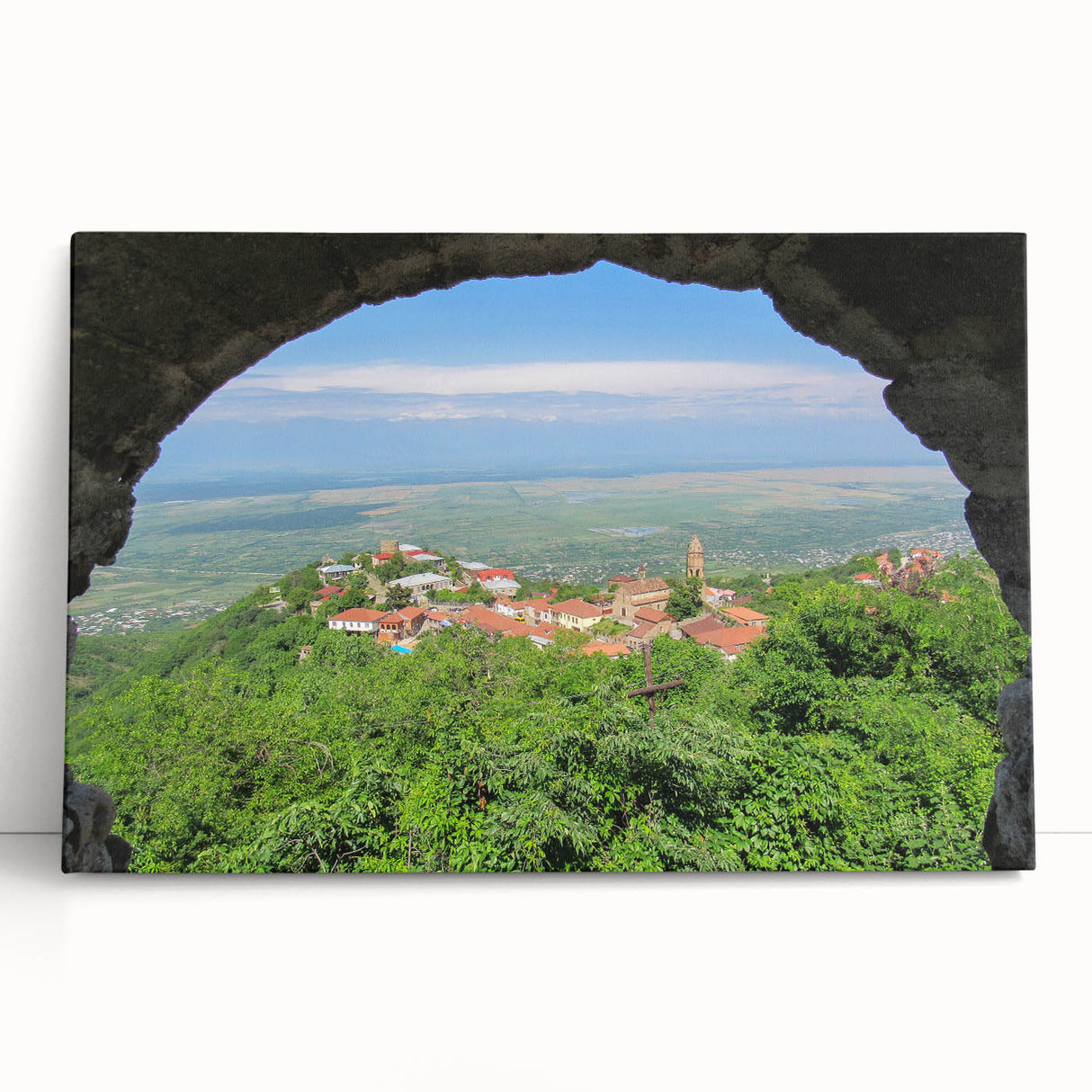 Black and white large art print of a scenic Georgian landscape on stretched canvas.