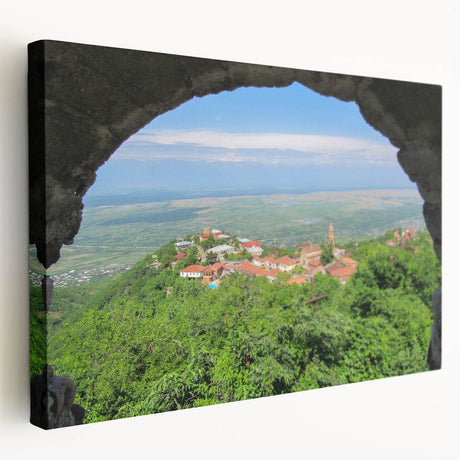 Side view of a stretched canvas featuring a Georgian Asian landscape in muted earth tones, ideal for kitchen wall art.