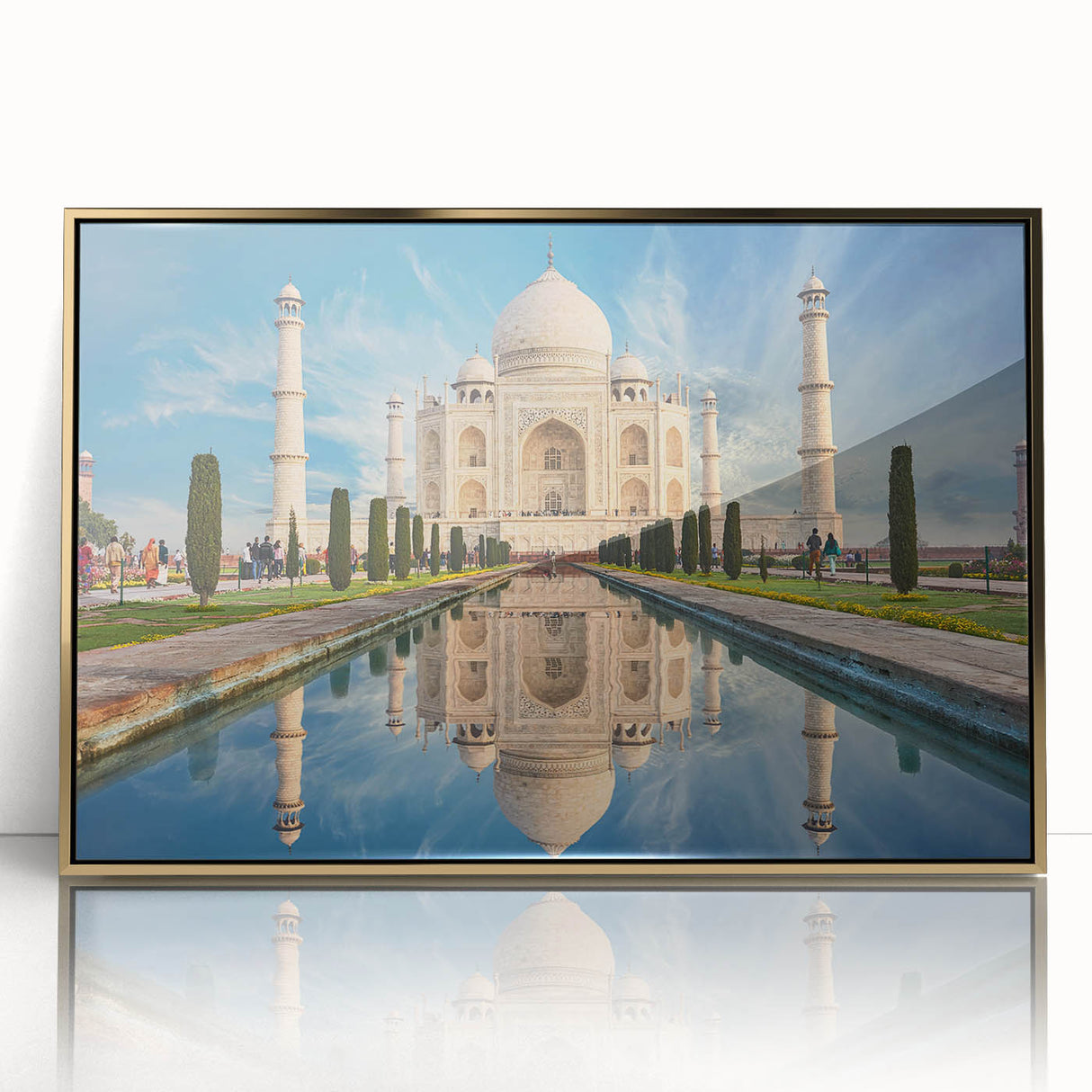 Mid-century modernist style large art print of an Indian landscape in gold and green tones on acrylic, framed.