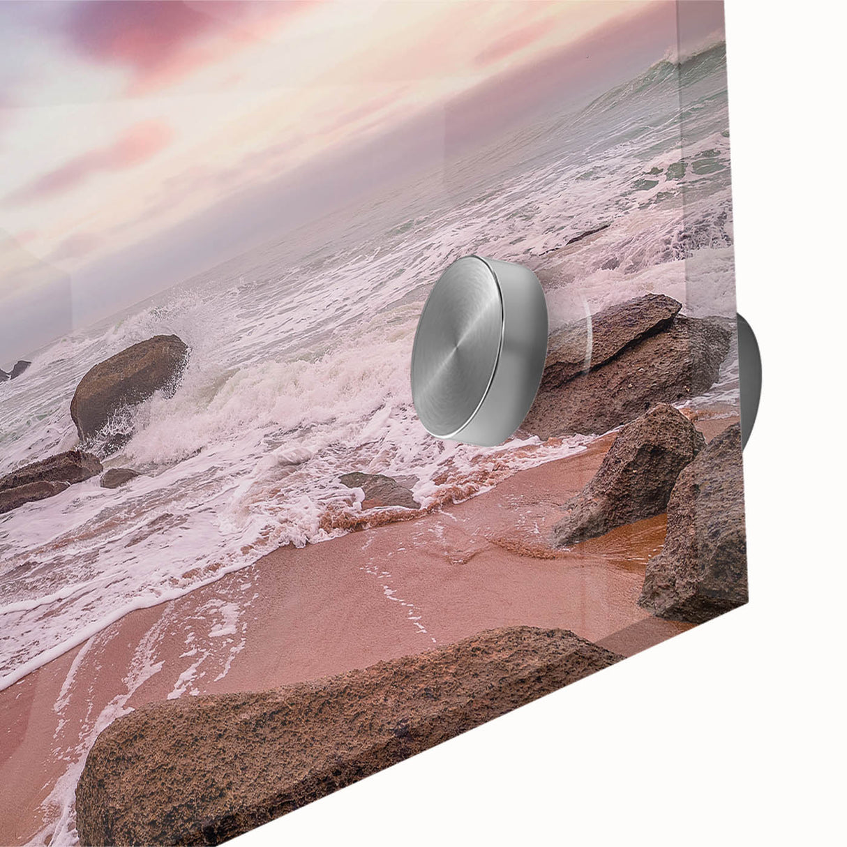 Large abstract wall art depicting a mid-century modernist scene in muted earth tones on acrylic glass.