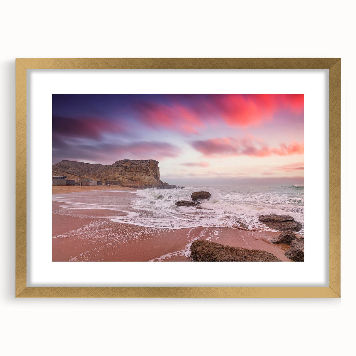 Extra large abstract art print featuring a textured scenery of Pakistan in muted earth tones, framed in gold.