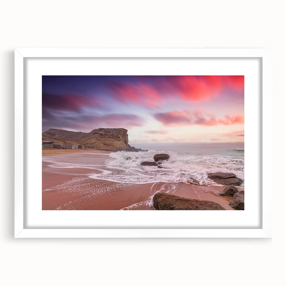 Abstract art print of a Pakistani landscape in muted earth tones on a white matted frame, suitable for dining room decor.