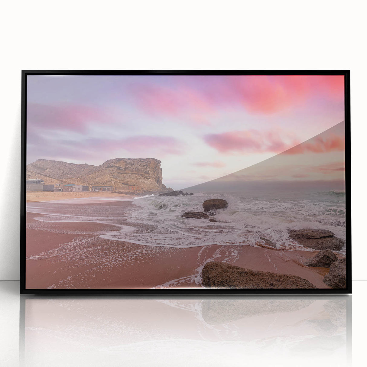 Large abstract wall art featuring a mid-century modernist design of Pakistani scenery in muted earth tones on a framed…