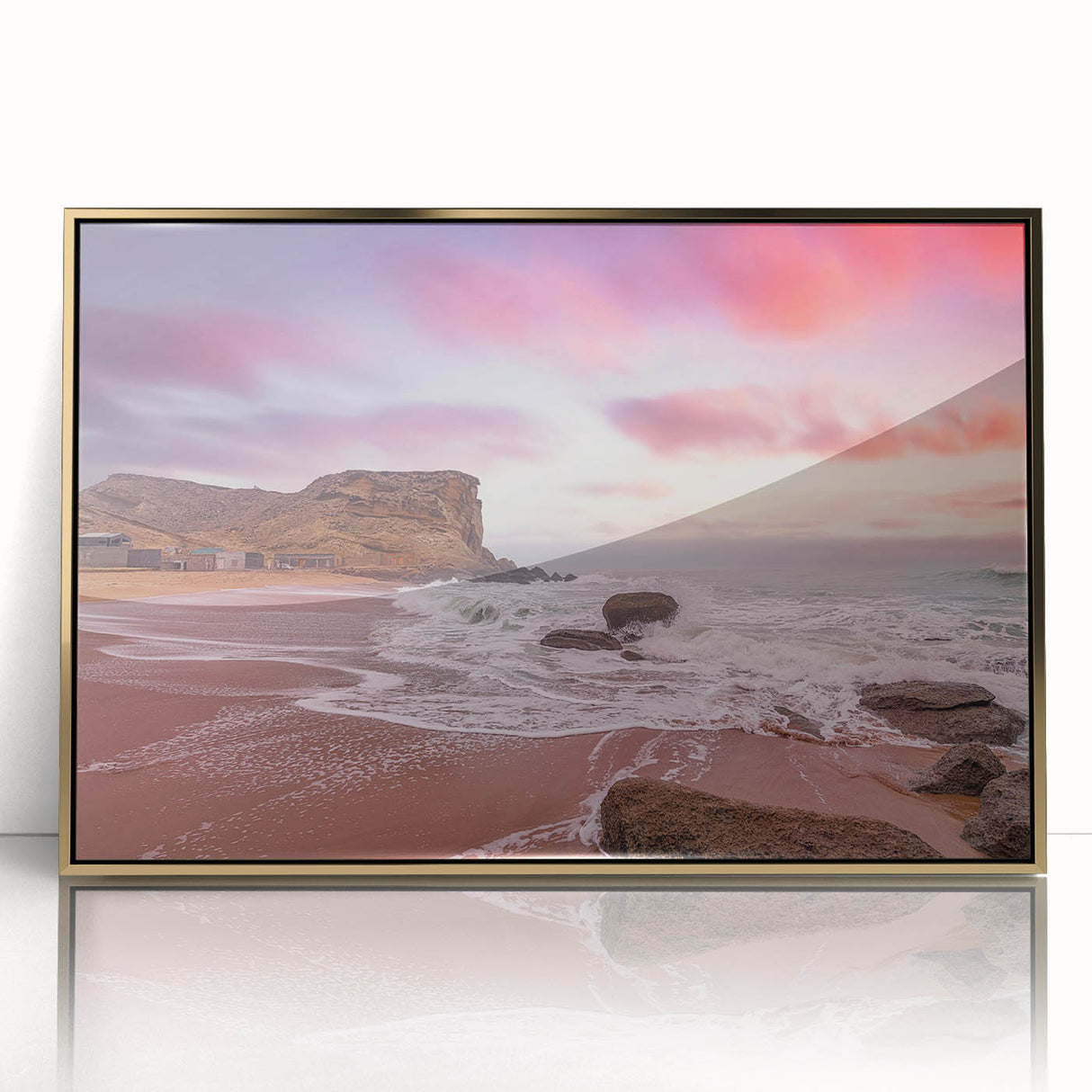 Mid-century modernist large art print of a serene Pakistani landscape in gold and green tones, acrylic framed.