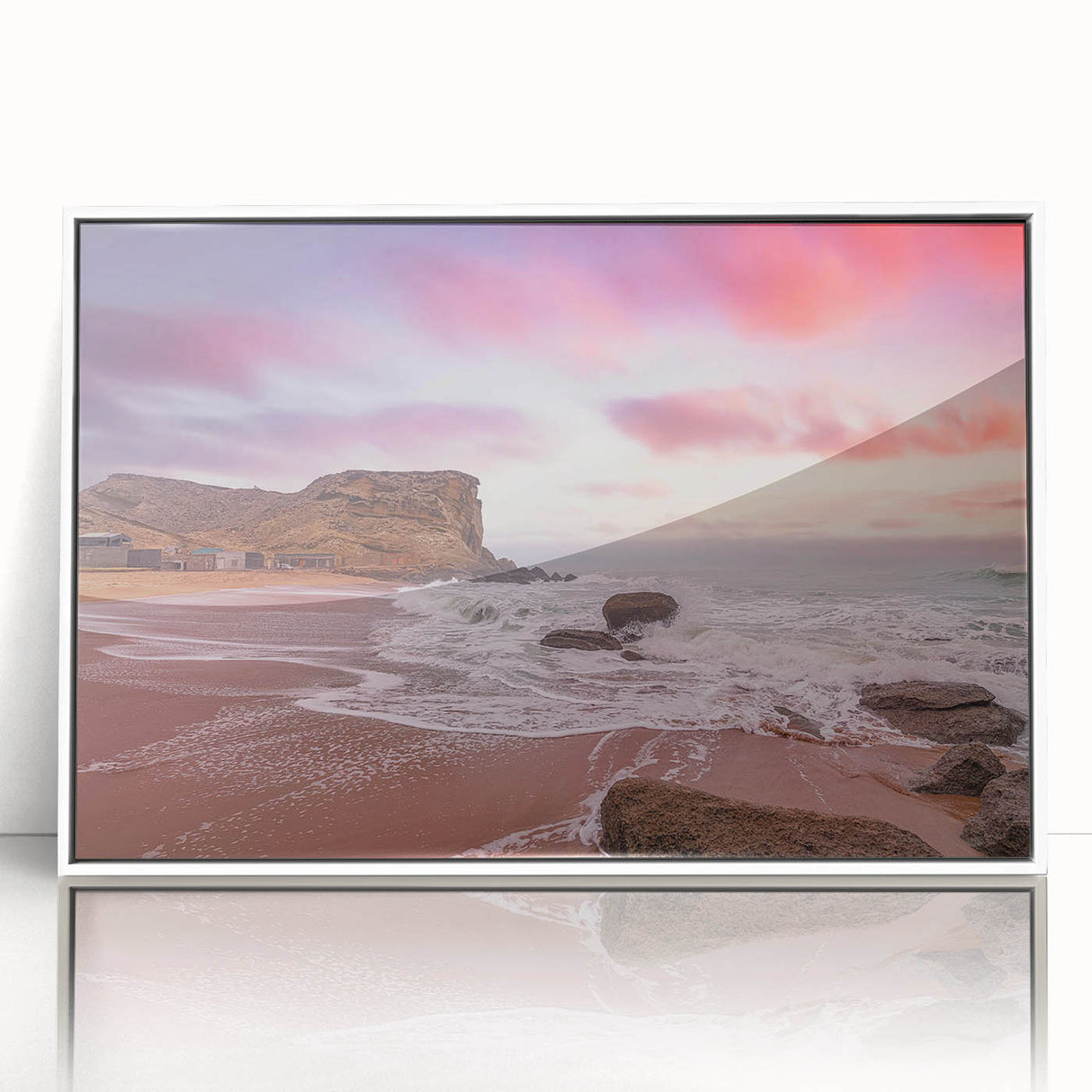 Acrylic print of a serene Pakistani landscape in muted earth tones, framed in white.