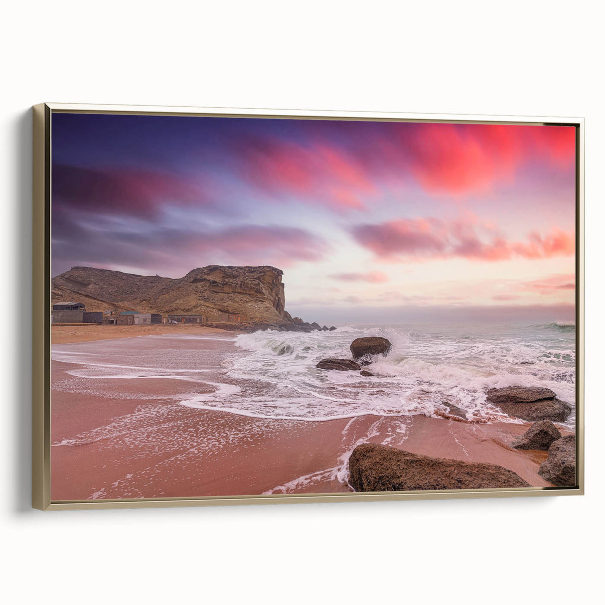 Framed canvas featuring a vintage-style landscape painting of a Pakistani scenery in muted gold and black tones.