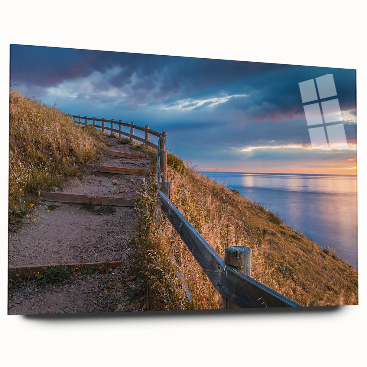 Large abstract wall art depicting the Adelaide scenery in muted gray and blue tones on acrylic glass.