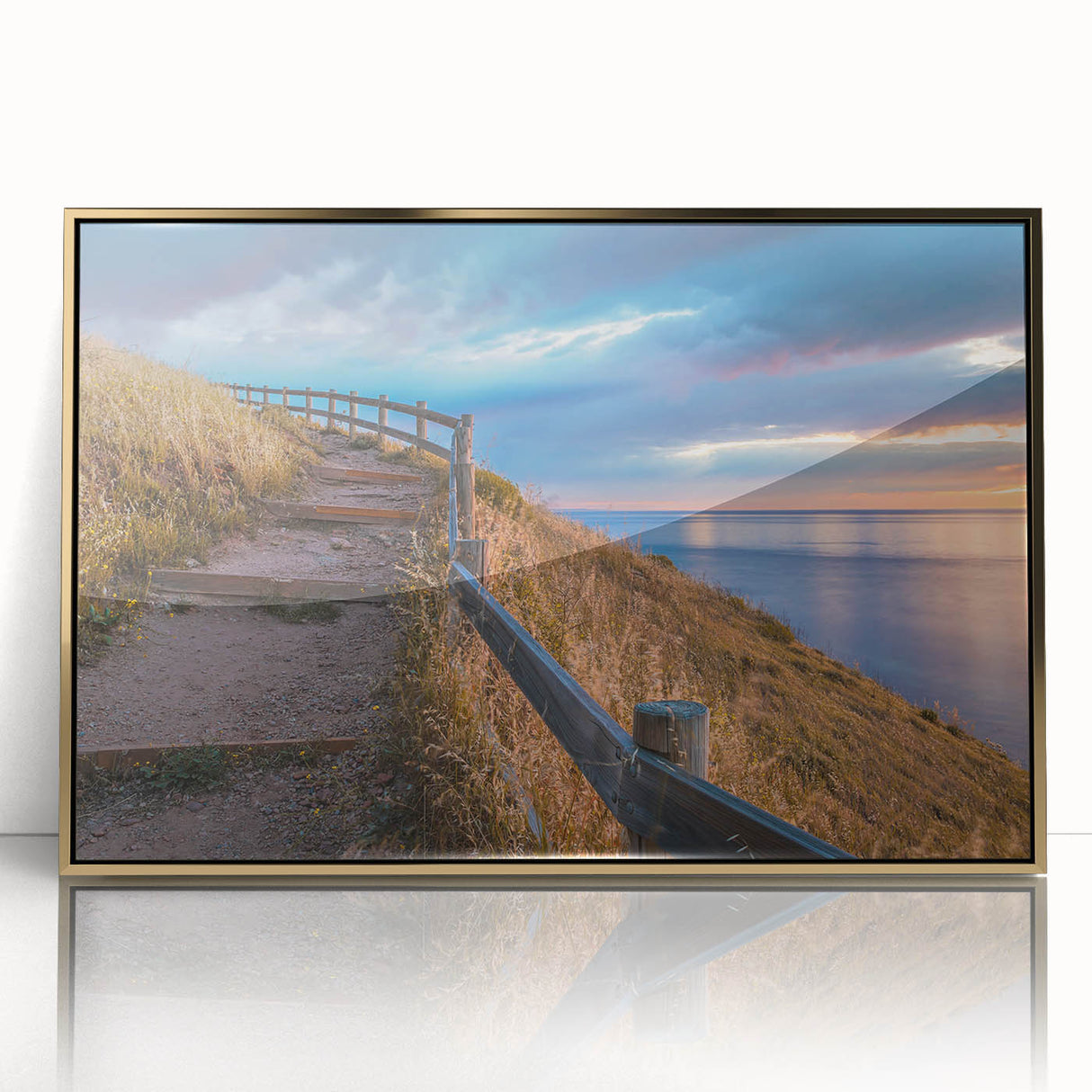 Mid-century modernist art of Adelaide skyline in gold and blue tones on a framed acrylic, suitable for nursery wall decor.