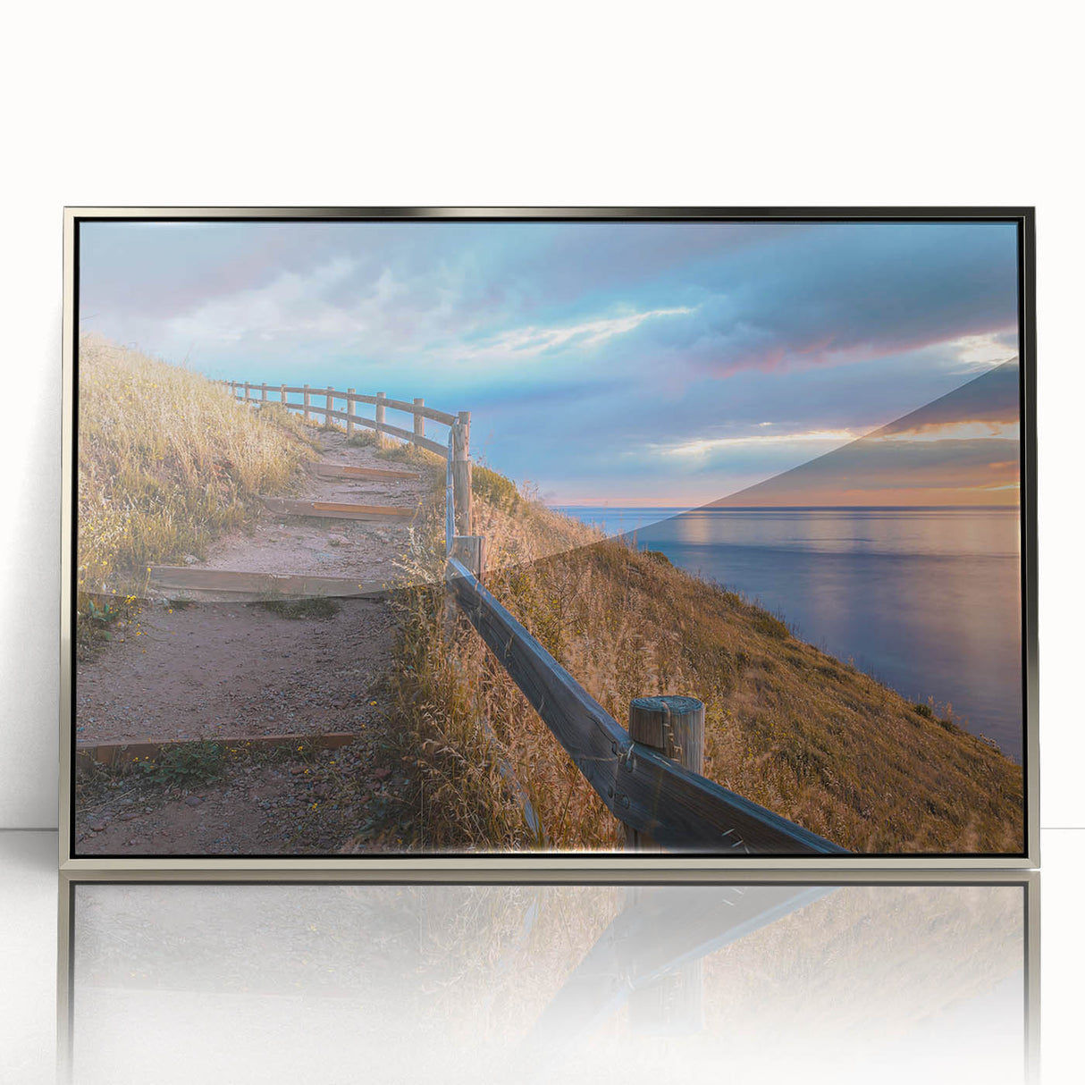 Art deco poster of Adelaide skyline in silver acrylic frame, featuring muted metallic tones, ideal for modern art wall decor.