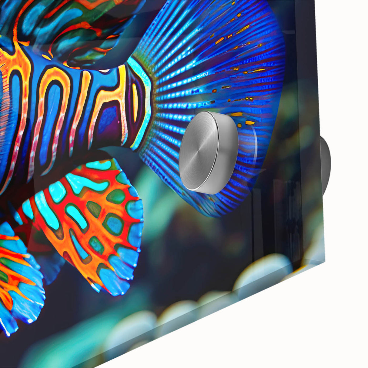 Large abstract depiction of the Great Barrier Reef in vibrant blue and green tones on acrylic glass.