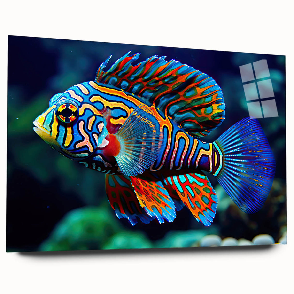 Acrylic print of the Great Barrier Reef in vivid blues and greens, suitable for bedroom or dining room decor.