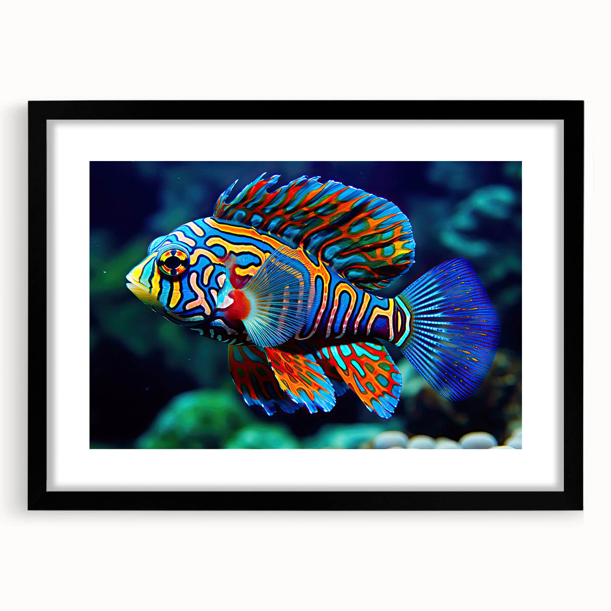 Extra large, textured abstract art print of the Great Barrier Reef in vibrant colors on a black framed canvas.