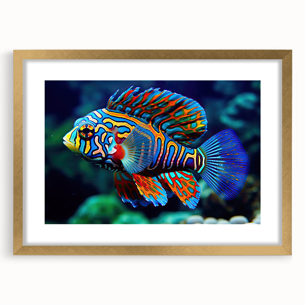 Textured art print of the Great Barrier Reef in abstract style, with vibrant blue and green hues on a framed gold mat.