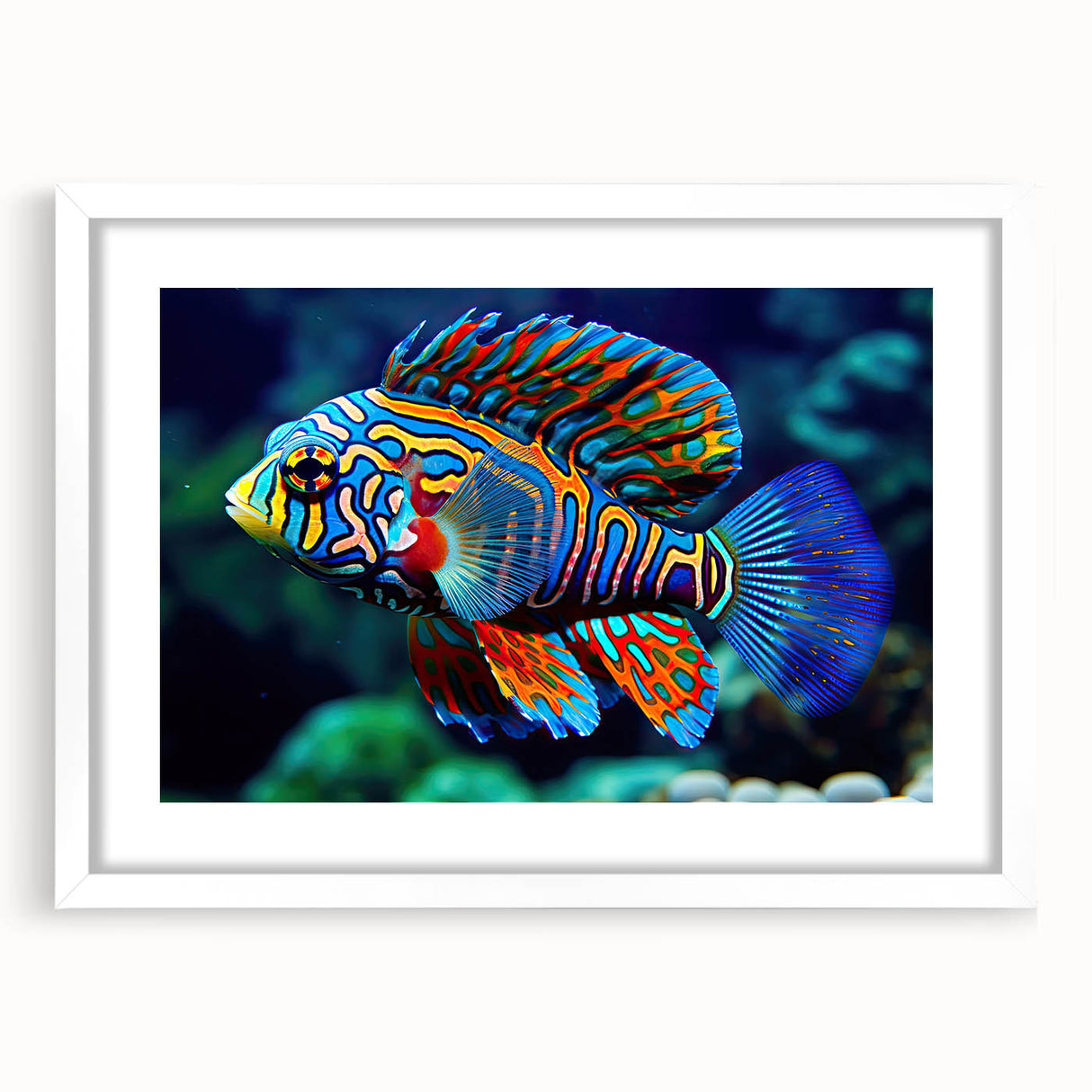 Extra large wall art of the Great Barrier Reef in abstract style with textured blue and green hues, framed with a white mat.