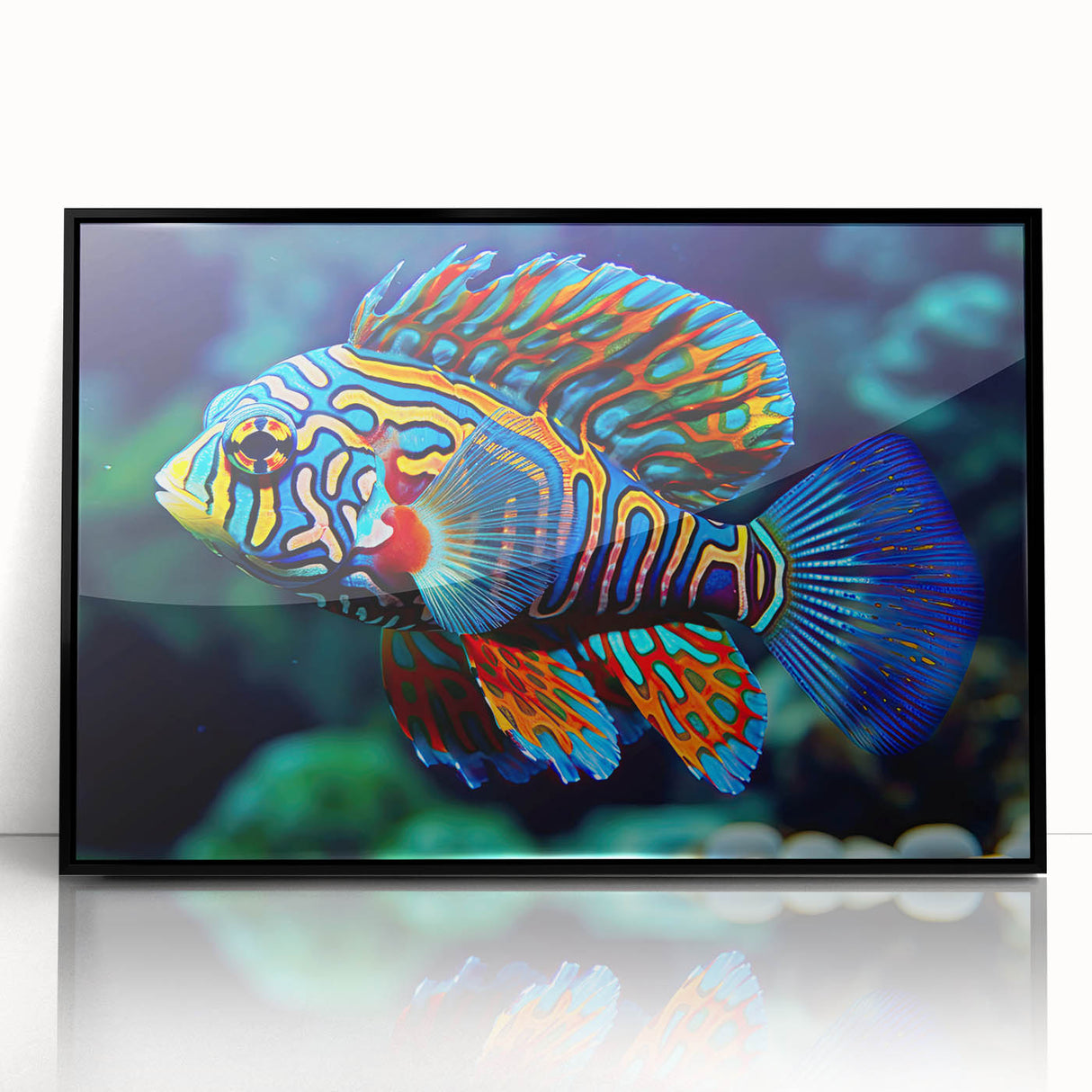 Large abstract wall art of the Great Barrier Reef in vibrant blue and green tones, framed in black acrylic.