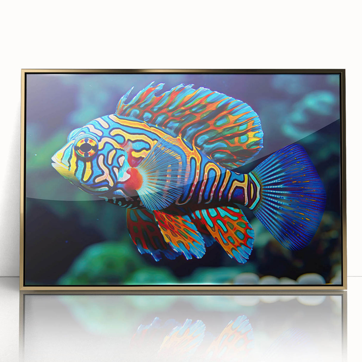 Mid-century modernist art of the Great Barrier Reef in vibrant blue and green hues, acrylic print in gold frame.