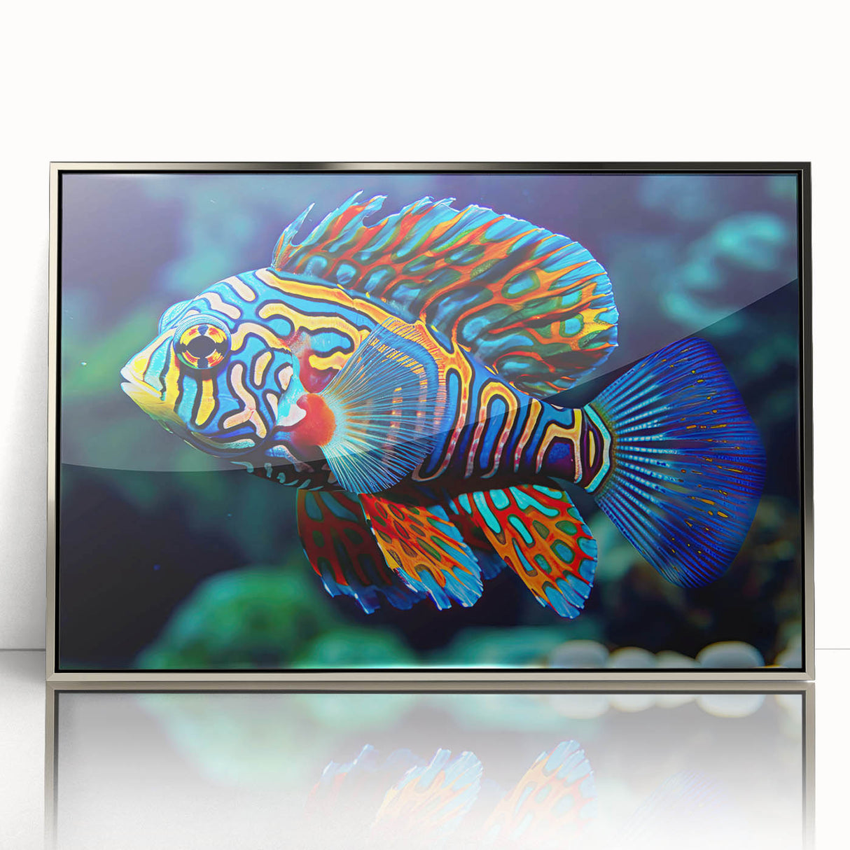 Acrylic print of the Great Barrier Reef in silver frame, featuring vibrant marine colors, ideal for modern art wall decor.