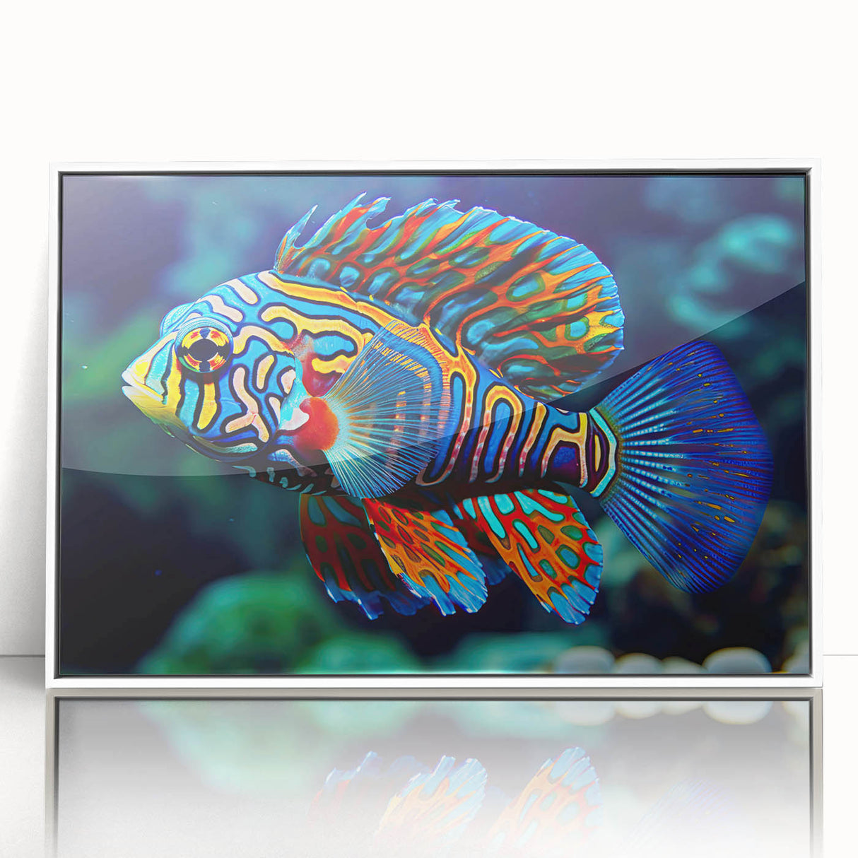 Acrylic print of the Great Barrier Reef in pastel blue shades, framed in white, ideal for modern nursery wall art.