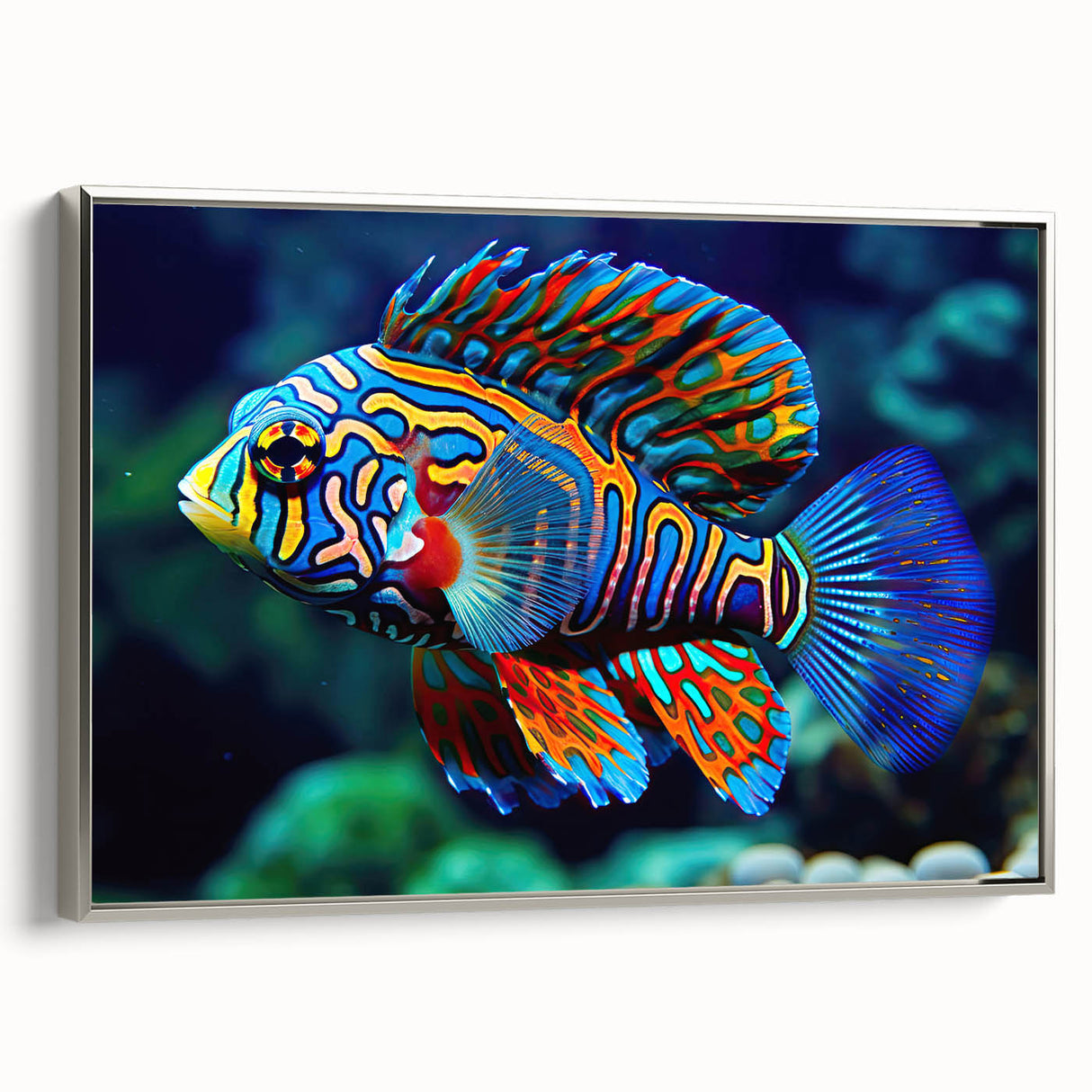 Vintage poster art of the Great Barrier Reef on framed canvas, featuring colorful marine life and black borders.