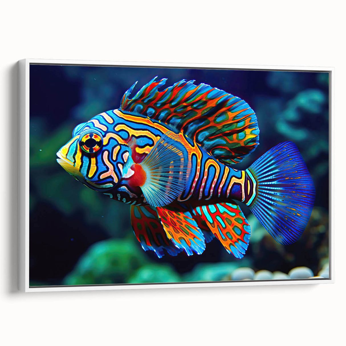 Framed canvas featuring a landscape painting of the Great Barrier Reef in muted blue and green tones.