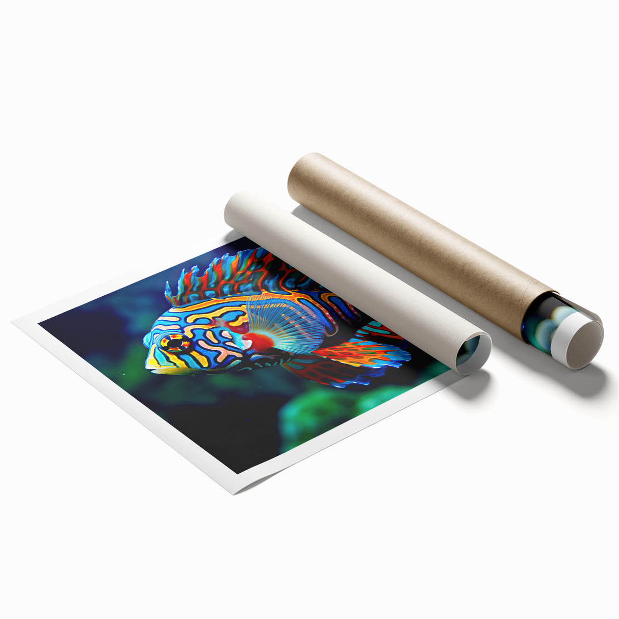 Extra large wall art featuring a vivid depiction of the Great Barrier Reef in blue and green tones on rolled canvas.