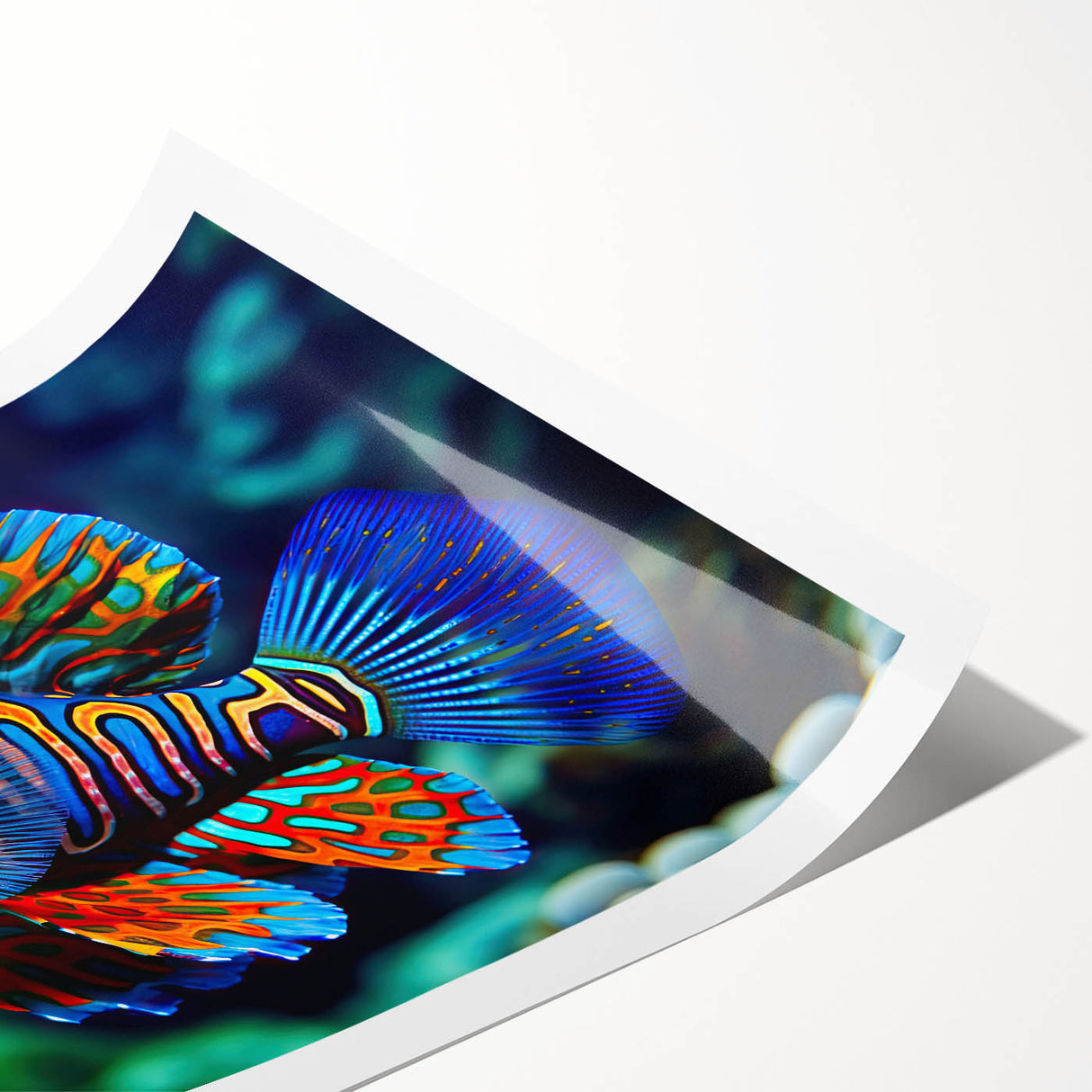 Extra large wall art of the Great Barrier Reef in vibrant blue and green hues on a rolled canvas.