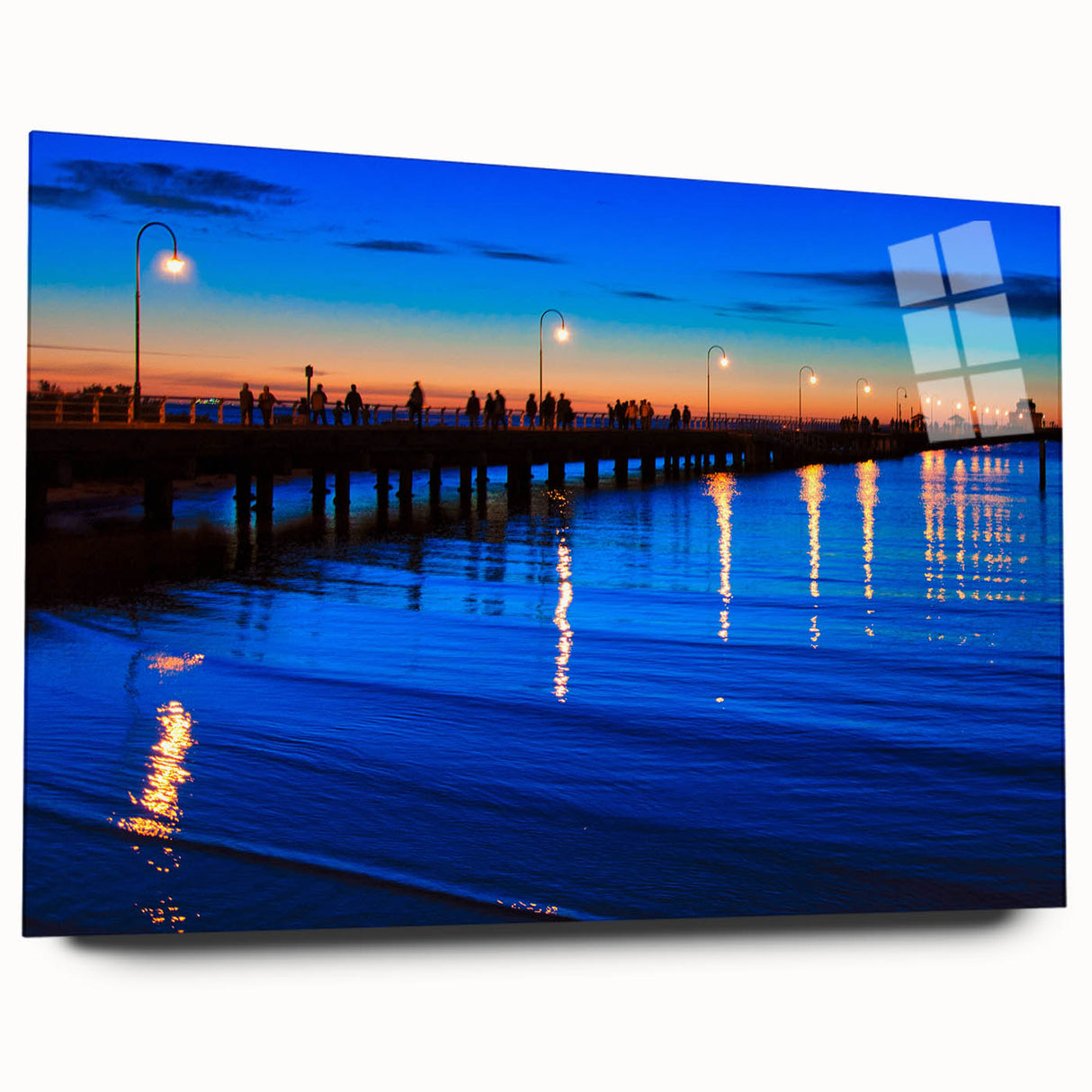 Large abstract depiction of Melbourne skyline in muted blue and gray tones on acrylic glass.