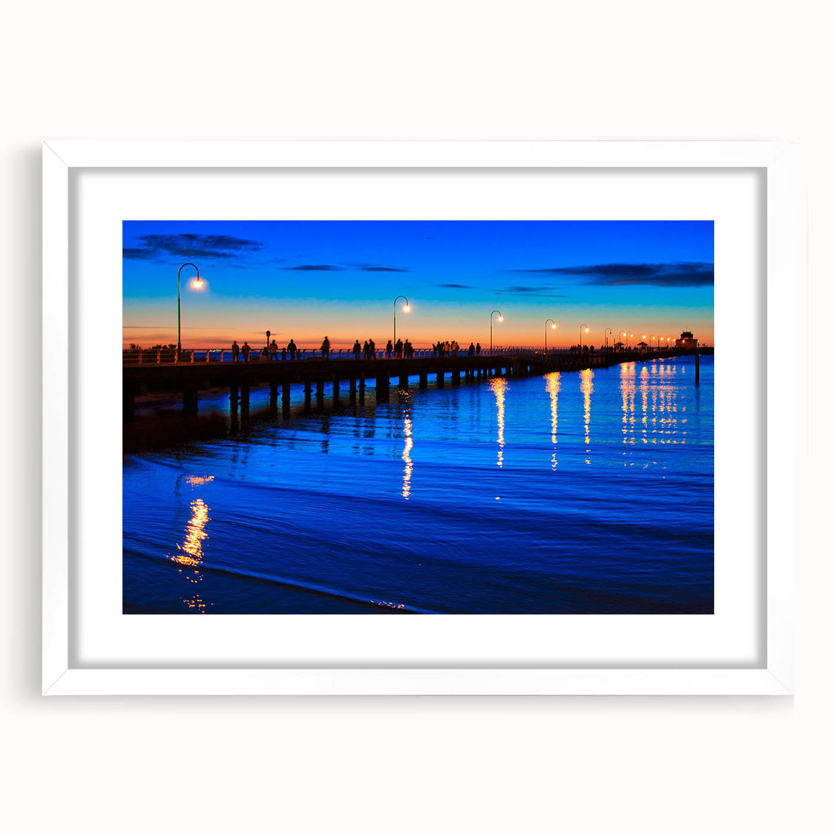 Extra large abstract art print of Melbourne scenery in textured style with muted earth tones, framed in white.