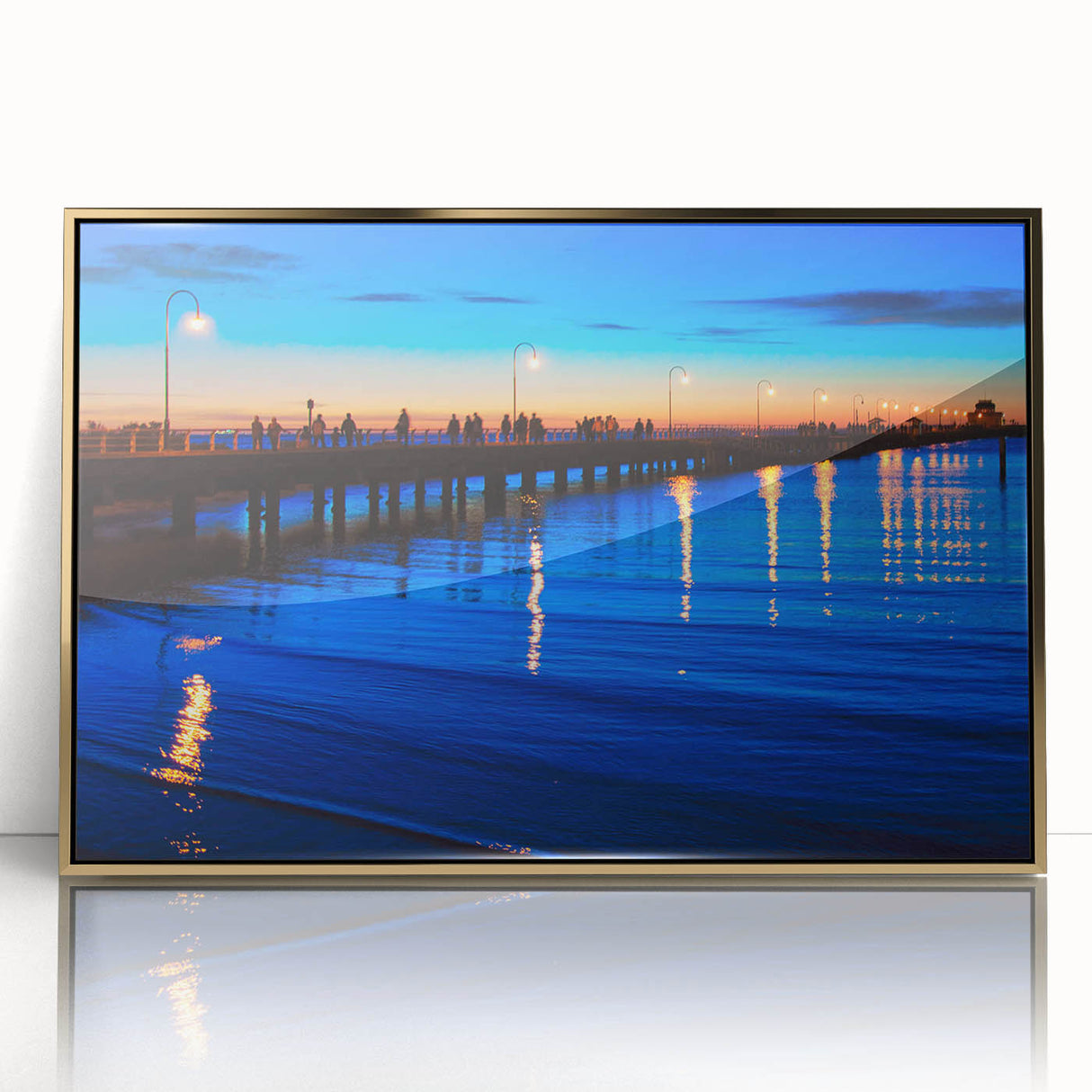 Mid-century modernist art depicting Melbourne skyline in gold and blue hues on a framed acrylic.