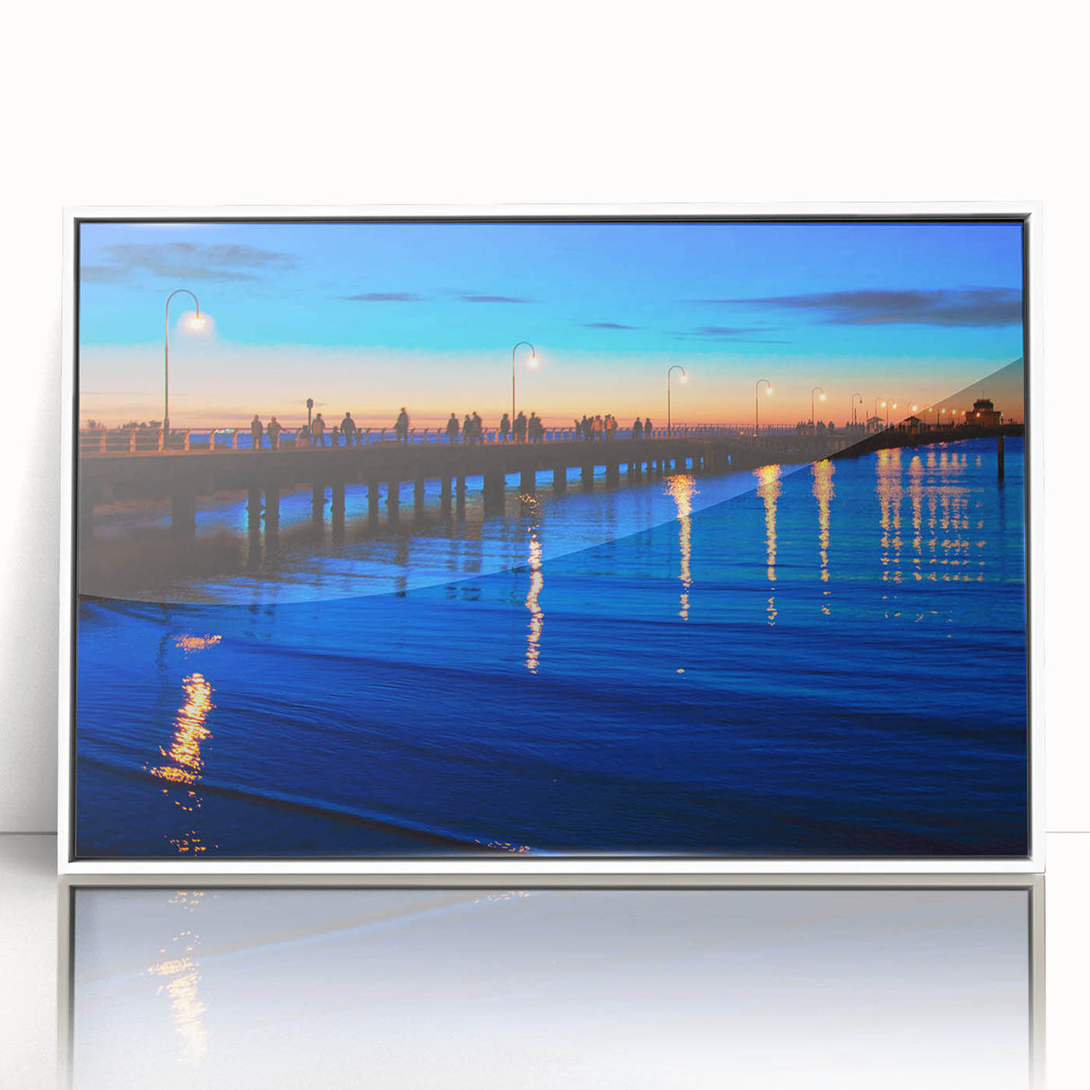 Mid-century modernist Melbourne skyline in muted blue tones on a large framed acrylic print.