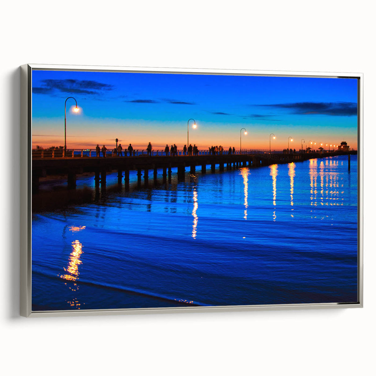 Vintage poster art of Melbourne skyline in colorful hues on extra large framed canvas, suitable for living room decor.
