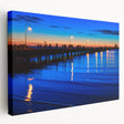 Side view of a stretched canvas featuring a detailed Melbourne skyline in muted blue and gray tones.