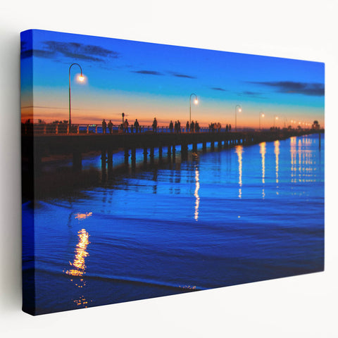 Side view of a stretched canvas featuring a detailed Melbourne skyline in muted blue and gray tones.