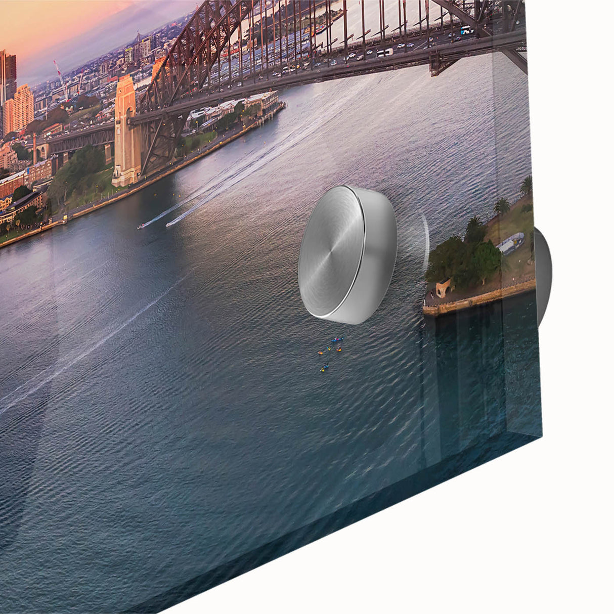 Large abstract depiction of Sydney skyline in muted blue and green tones on acrylic glass, suitable for dining room art.