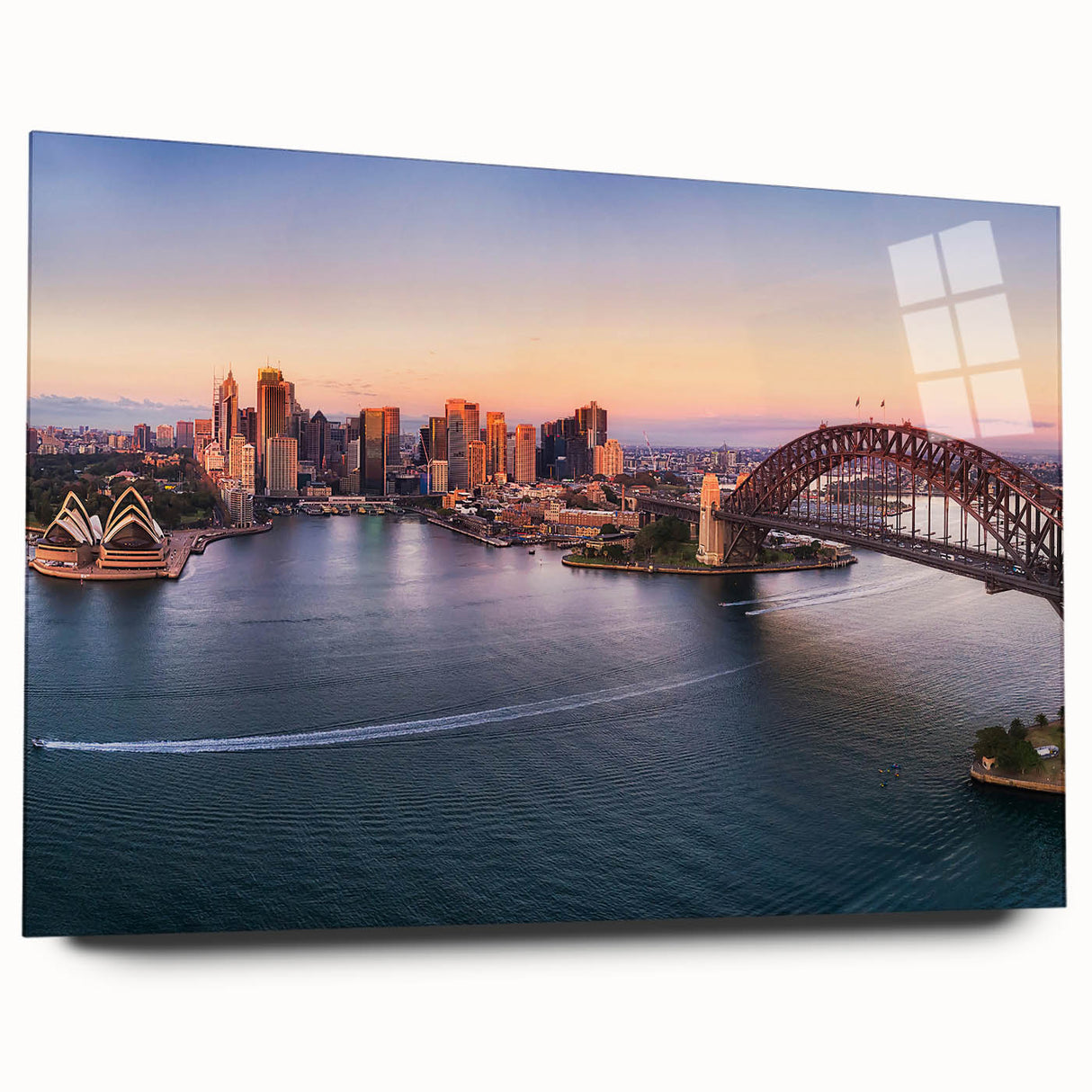 Acrylic print of Sydney skyline in muted blue shades, ideal for modern bedroom or dining room decor.