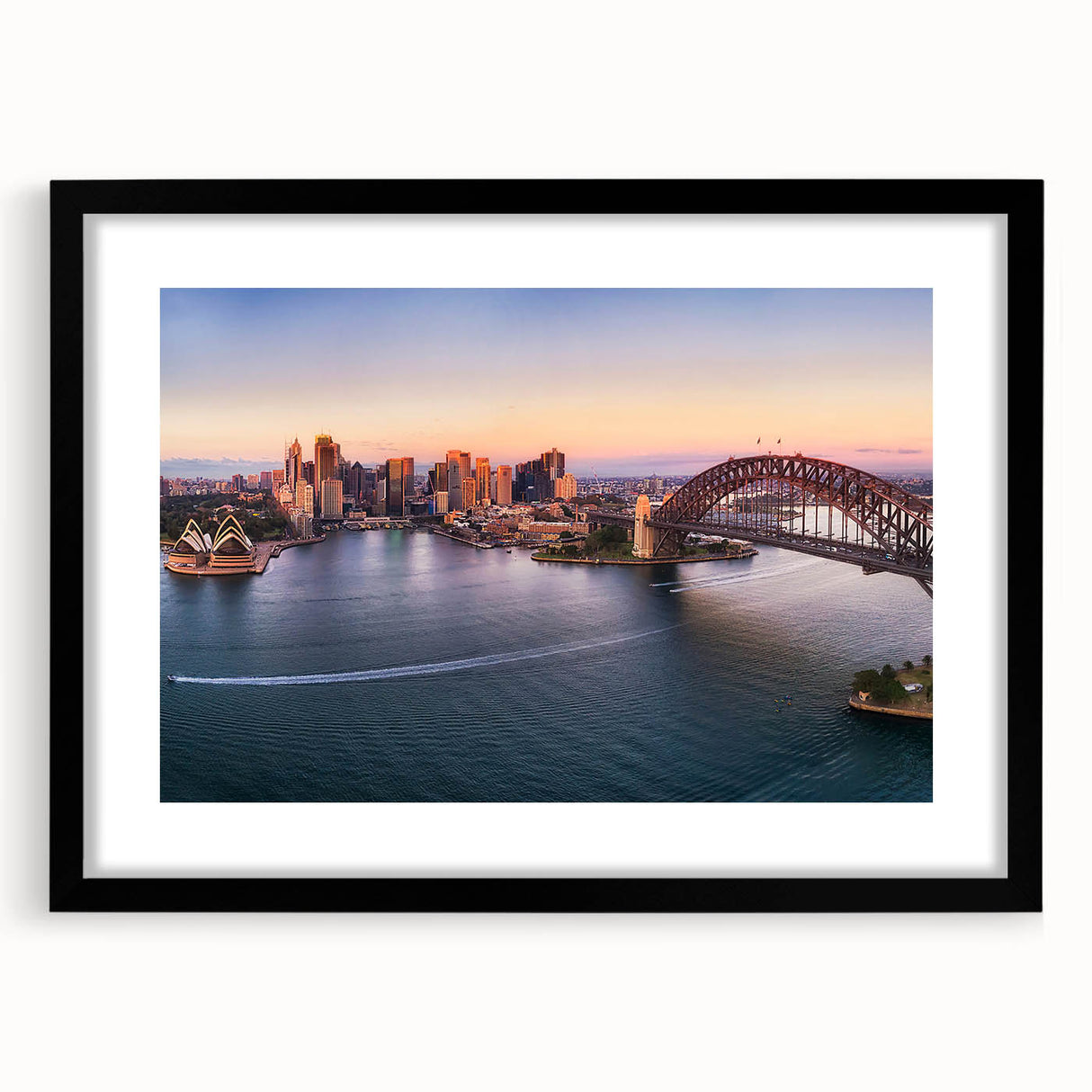 Extra large abstract art print of Sydney scenery in vibrant colors on a textured canvas, framed in black.