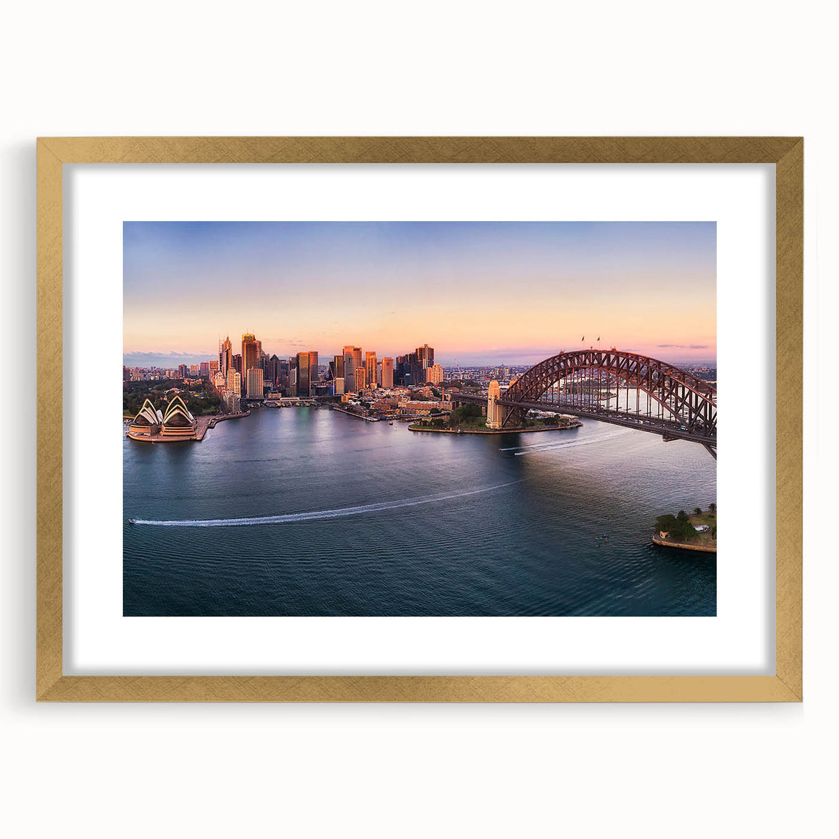 Abstract art print of Sydney skyline in muted blue and gold tones on a framed canvas, suitable for dining room decor.