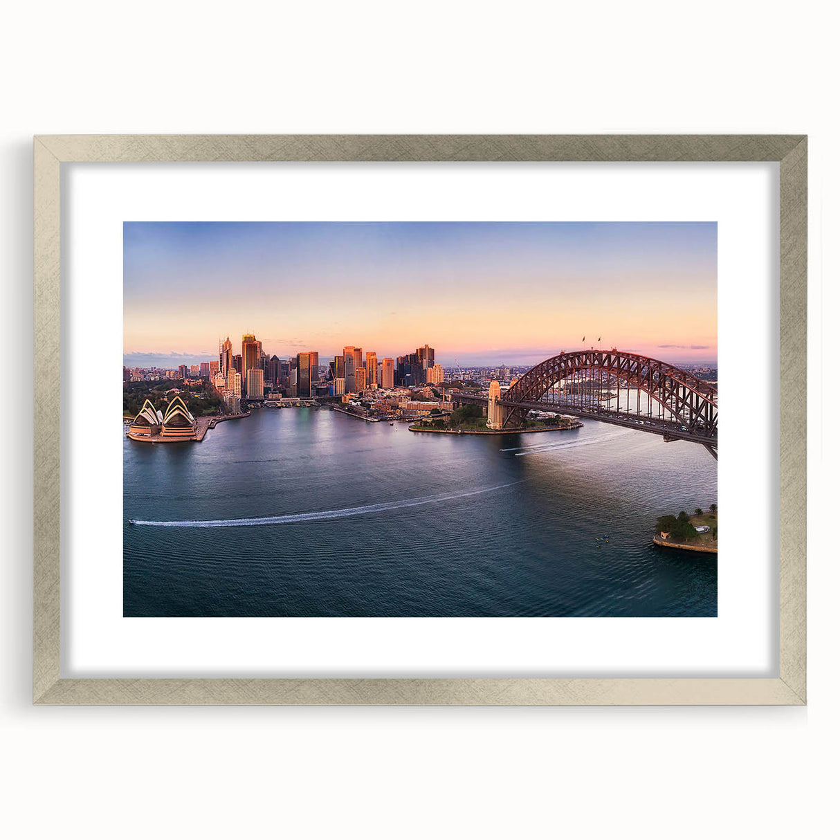 Extra large abstract art print of Sydney scenery in silver frame, featuring textured gray and blue tones.