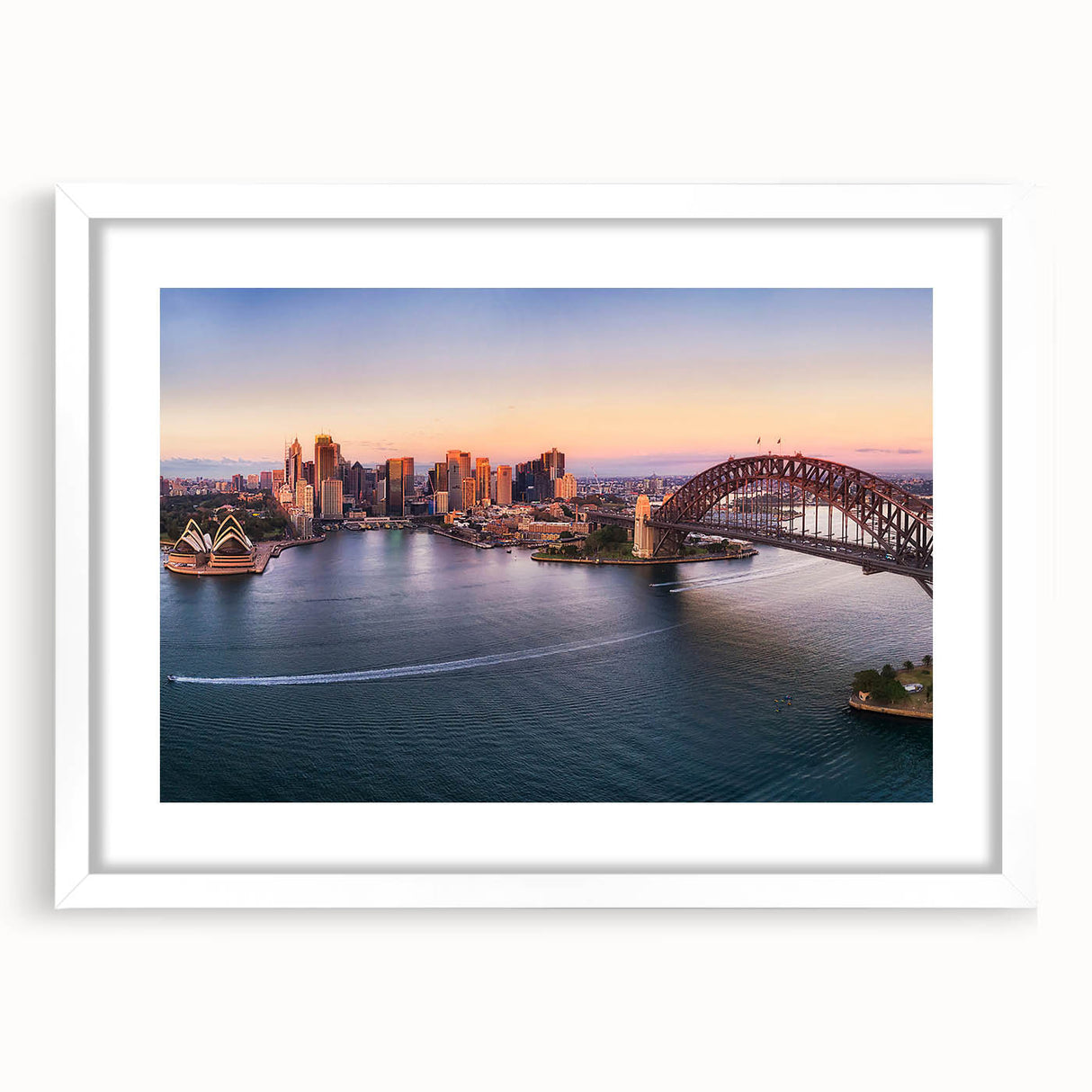 Textured abstract art print of Sydney scenery in muted blue and green hues on a white framed canvas.