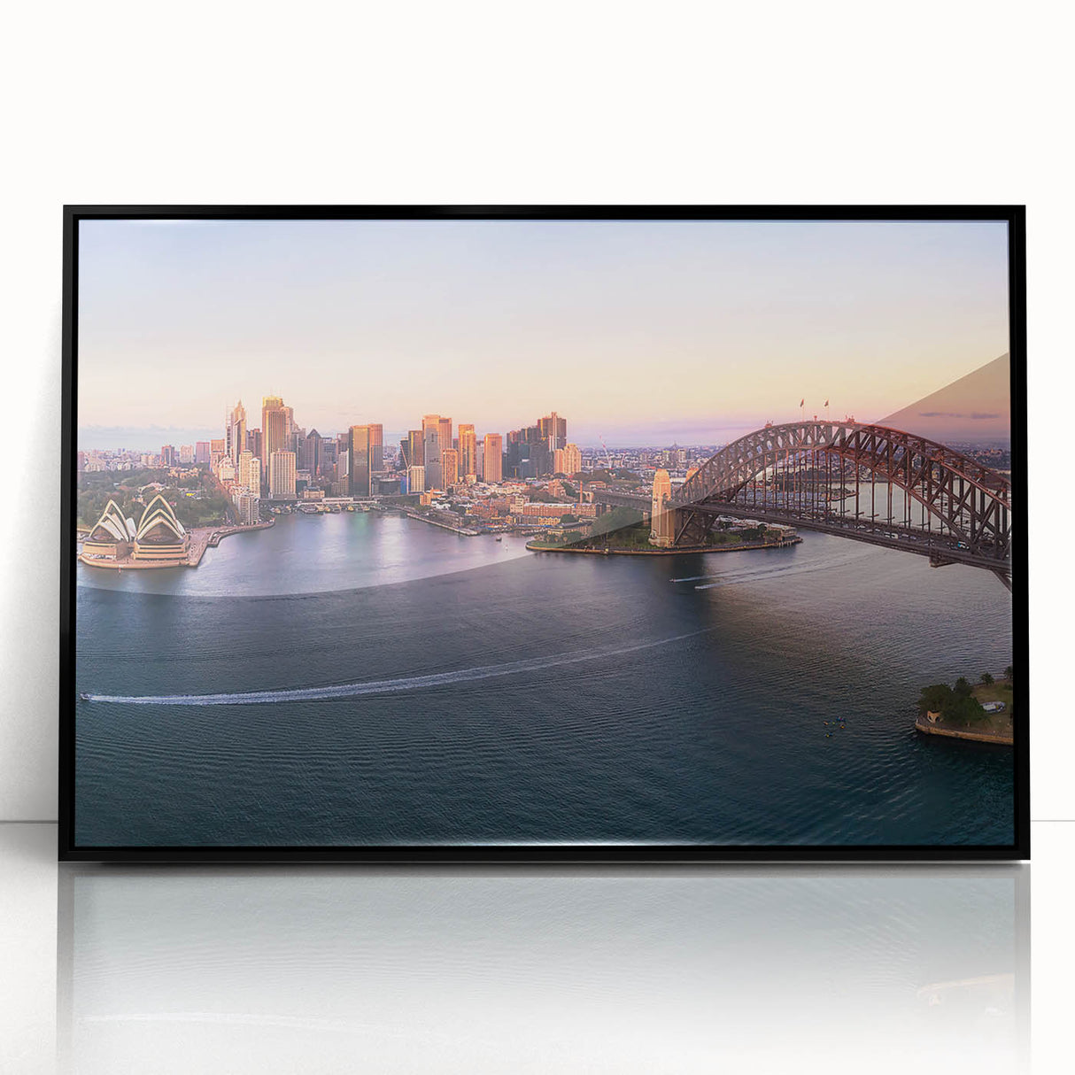 Large abstract wall art depicting Sydney's skyline in muted gray and blue tones on a black framed acrylic.