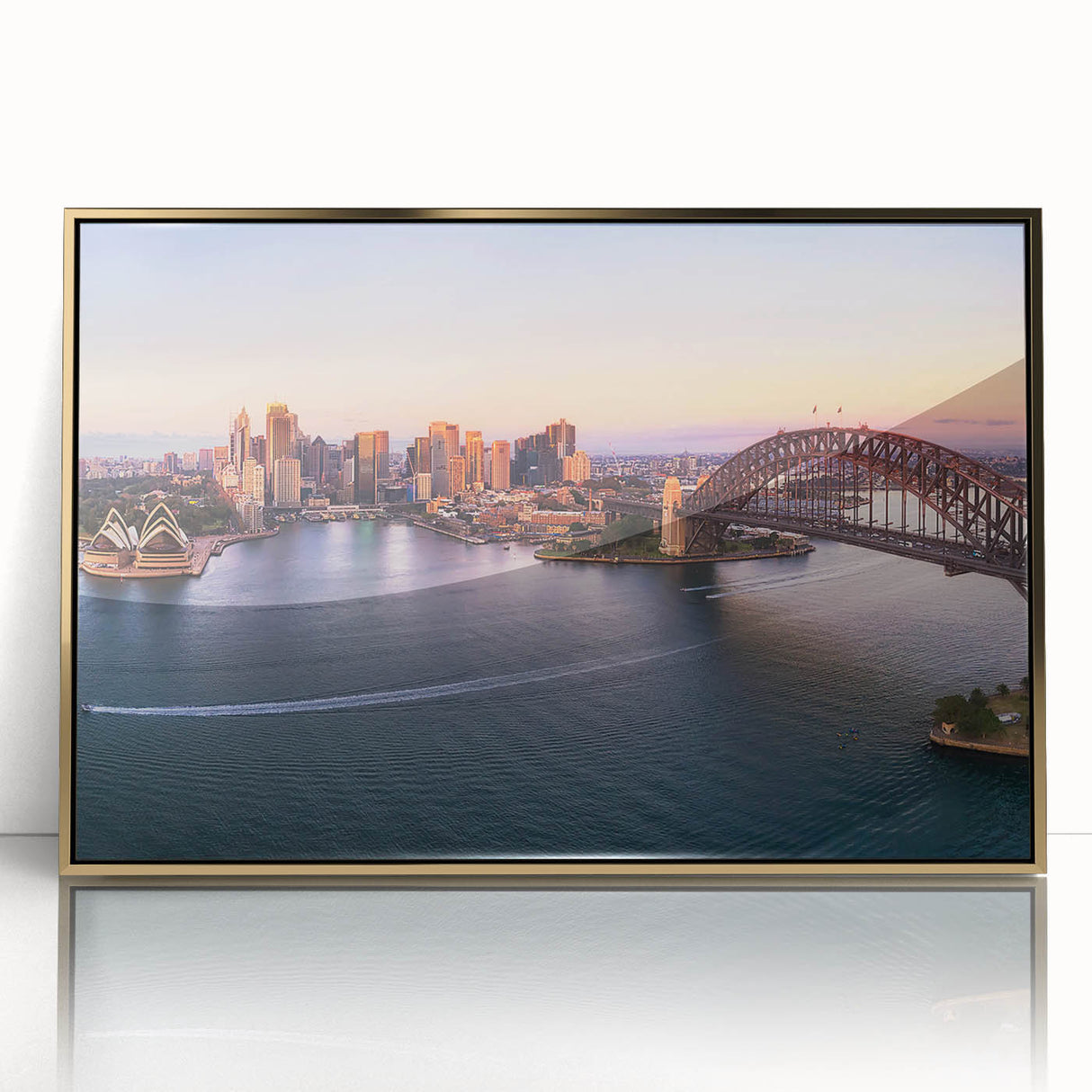 Acrylic print of Sydney skyline with art deco design, in gold and blue tones, ideal for modern art wall decor.