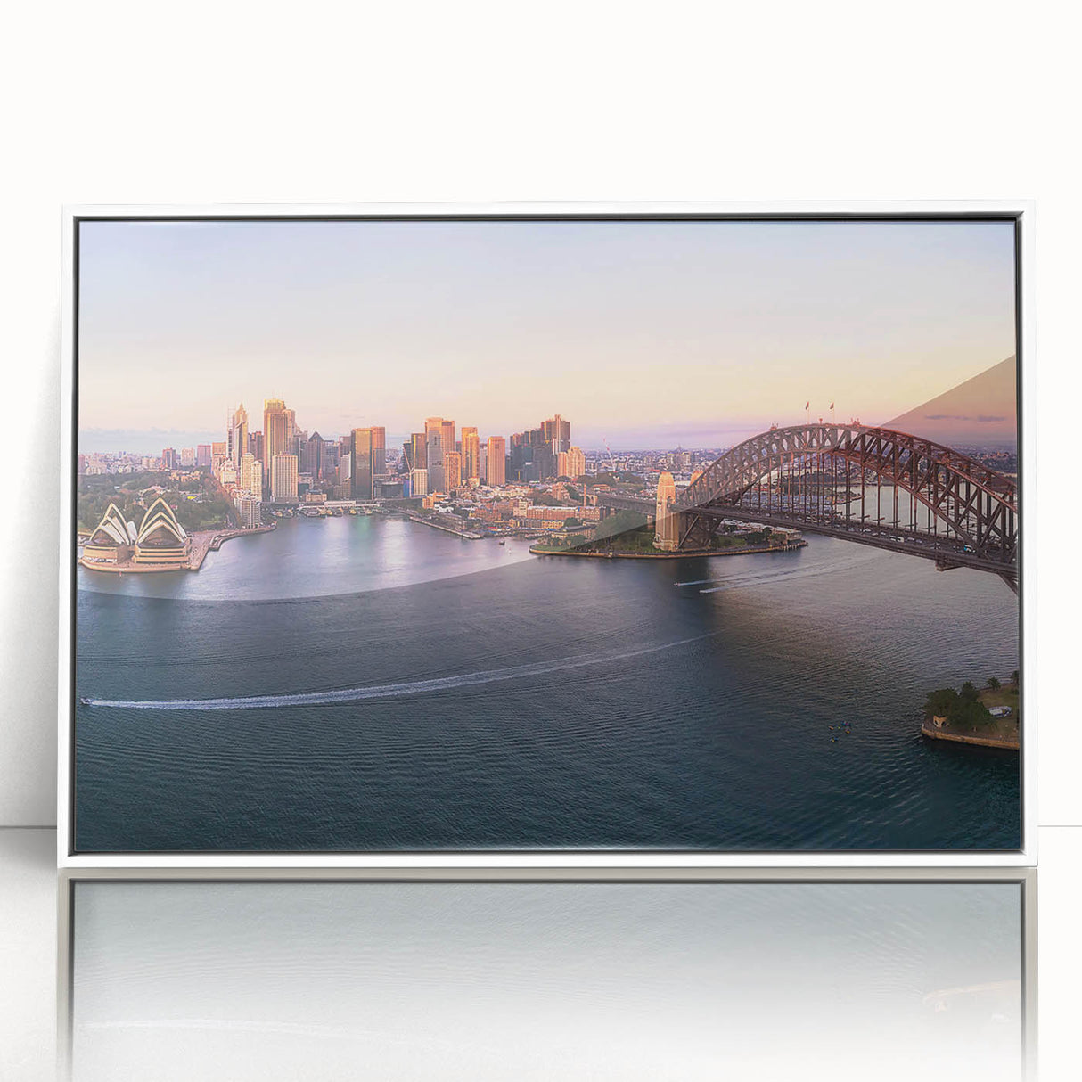 Mid-century modernist art depicting Sydney skyline in muted blue tones on framed acrylic, ideal for nursery wall art.