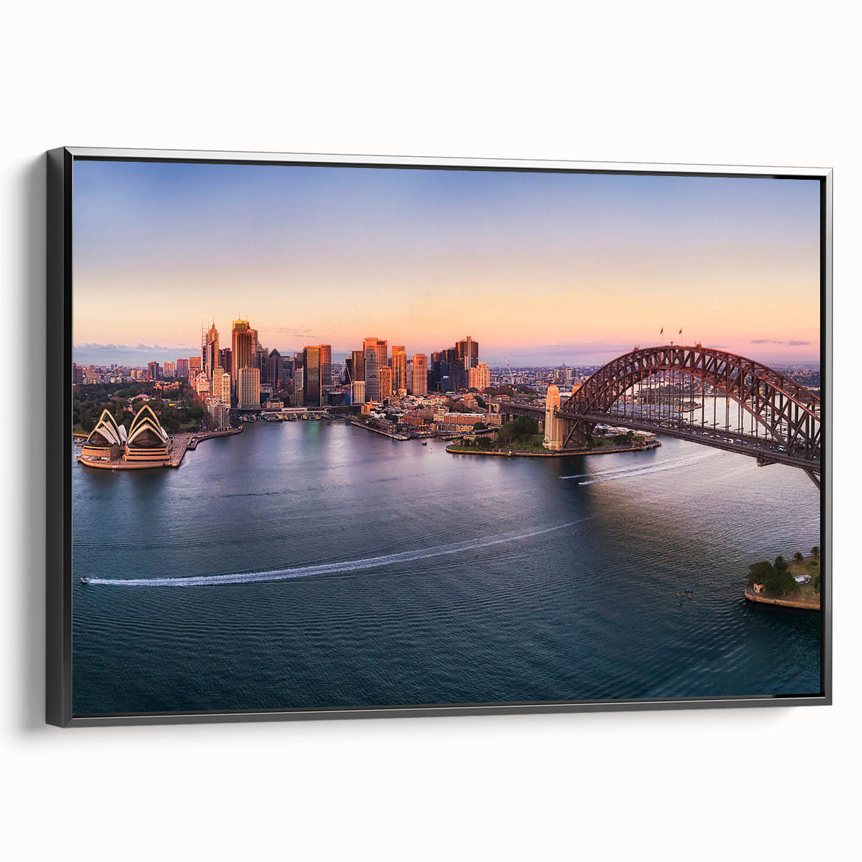 Black and white wall art featuring the Sydney skyline on framed canvas, ideal for bedroom decor.